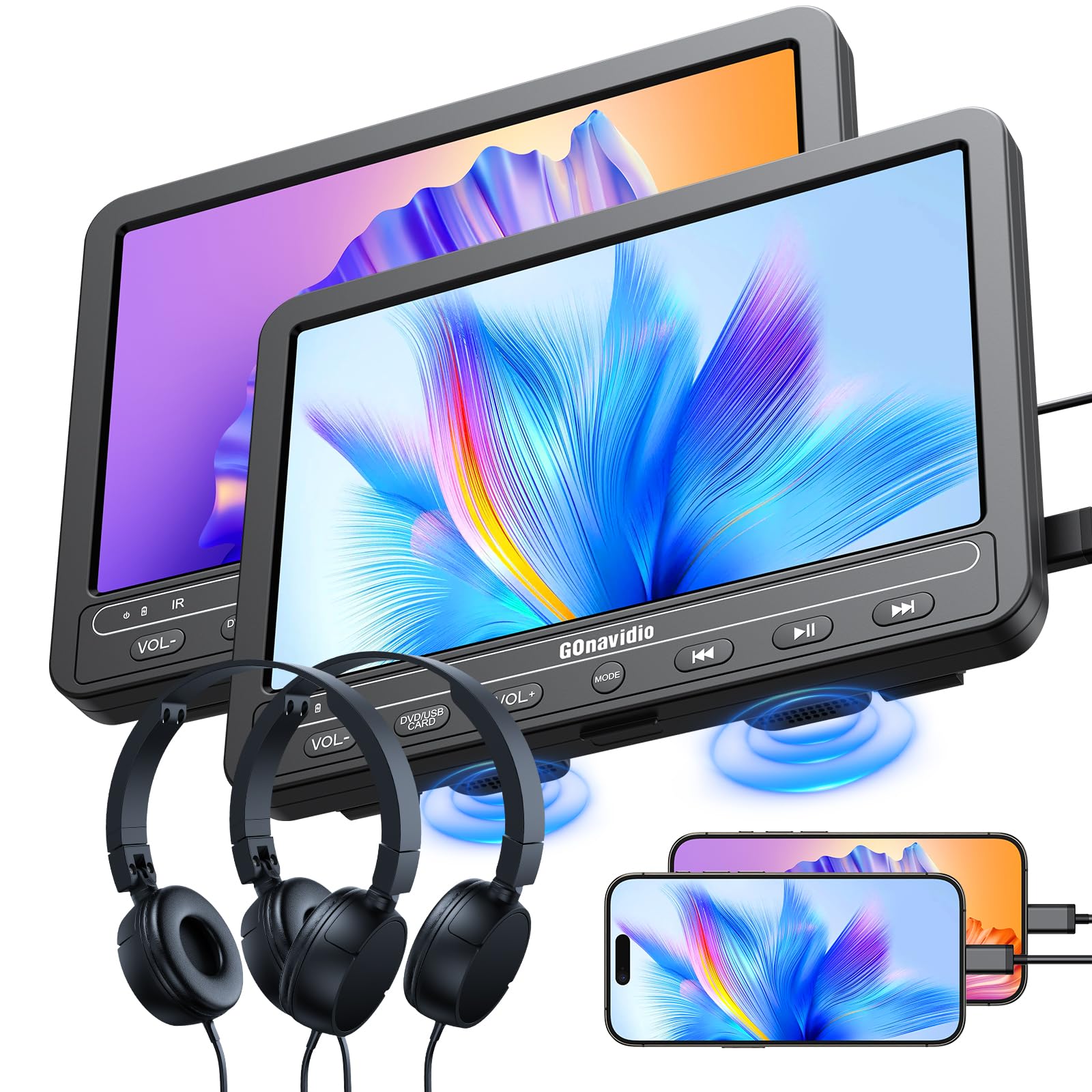 GOnavidio Lettore DVD portatile da 10,1 pollici per auto con ingresso HDMI, batteria da 5 ore, 2 cuffie, doppio lettore DVD per sedile posteriore, supporto USB/scheda TF, ultima memoria, riproduzione
