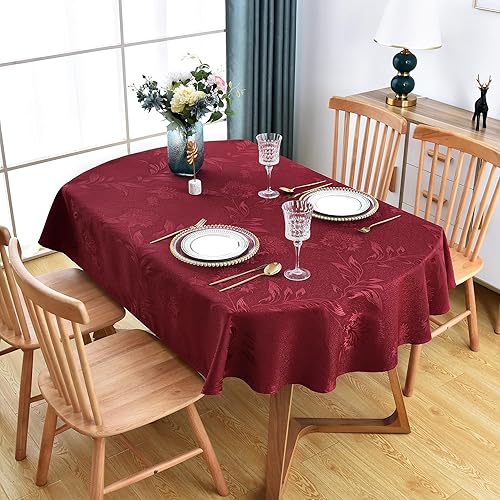 Miniatura 8 de Wolkemer Mantel jacquard ovalado brillante de 60 x 102 pulgadas, diseño floral beige de hojas de damasco, mantel de tela brillante para cena y cocina