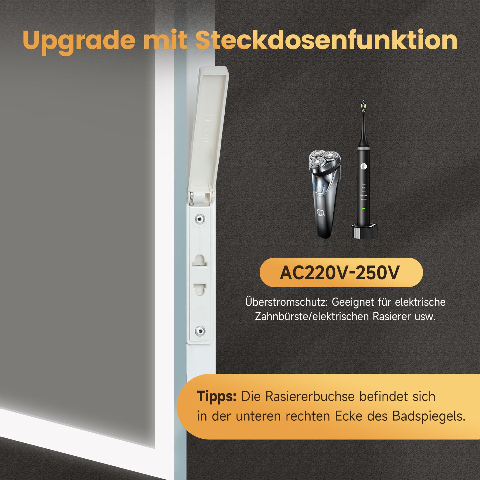 YOLEO Badspiegel mit Beleuchtung 100x80cm, Badezimmerspiegel LED mit Steckdose, Wandspiegel mit Touchschalter und Explosionsgeschütztes Glas, 3 einstellbare Lichtfarbe, 6500K