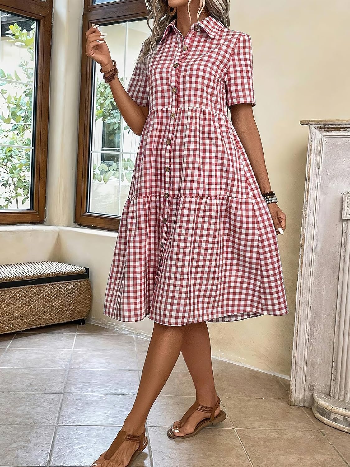 ebossy Women's Retro Plaid Shirt Dress Elegant Lapel Button Up Swing A line Flowy Gingham Mid Tunic Dress - Image 2
