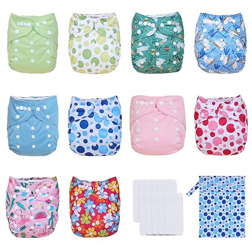 TDIAPERS Pañales de tela para bebé, lavables, reutilizables, talla única, ajustable, paquete de 10 con 10 insertos de microfibra, 1 bolsa húmeda