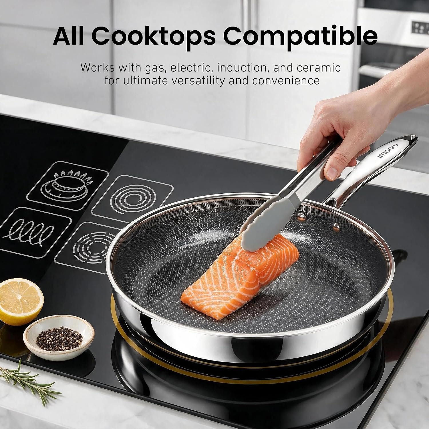 imarku 12" Non Stick Frying Pan with Lid, Hybrid Ceramic Stainless Steel