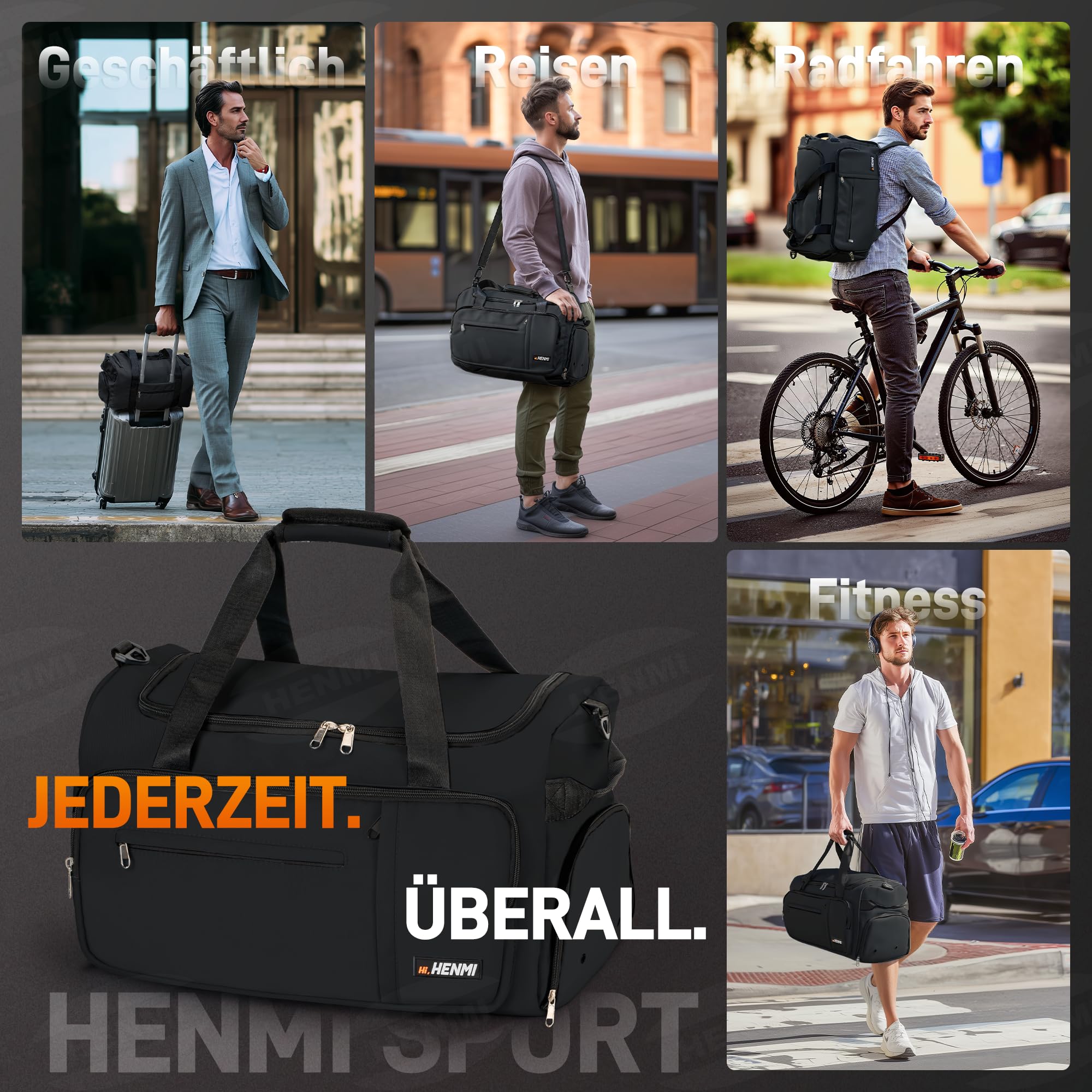 HENMI Sporttasche & Reisetasche für Herren und Damen, 43L Groß gymbag mit Schuhfach und Nassfach, Faltbare Gym Tasche für Sport und Travel, Sport Tasche, Trainingstasche, Gym Tasche (Schwarz)
