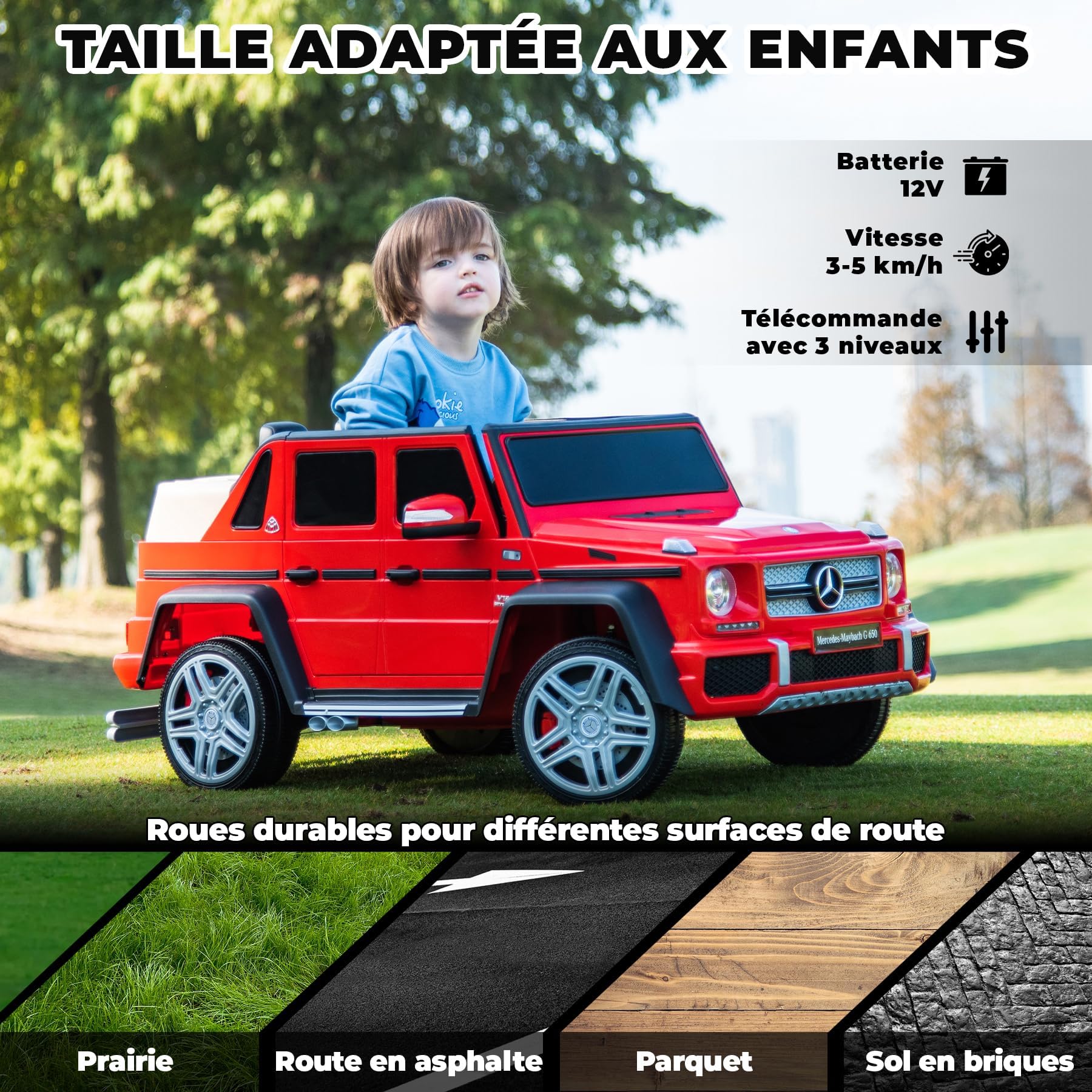 Kinder Elektroauto 12V Jeep mit Fernbedienung, LED Licht, Musik & USB,Rot