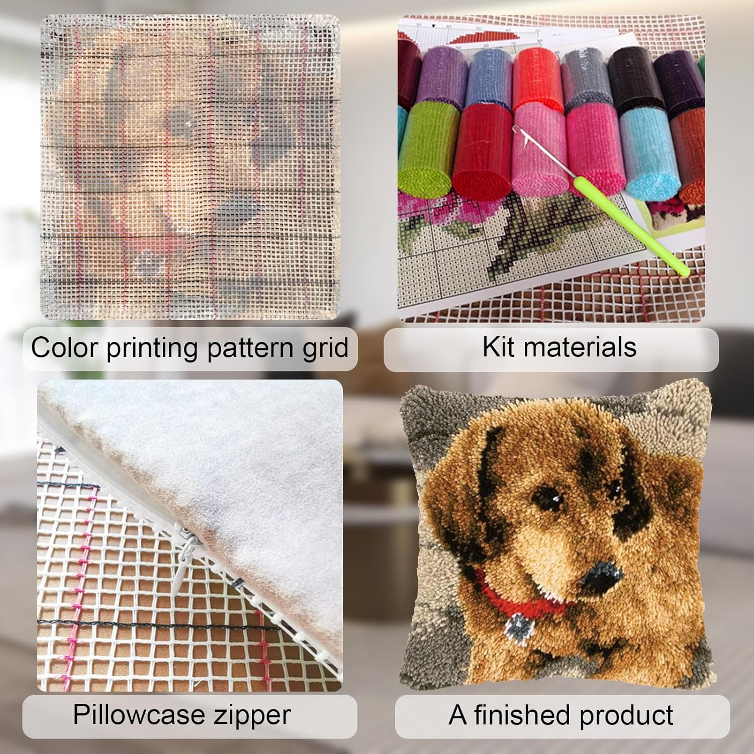 kingsea Latch Hook Pillow Kit, Latch Hook Kits for Adults, Latch Hook Pillow Kits for Beginners, Needlework Cushion Cover for Home Sofa Decoration 17in x 17in, Golden Retriever