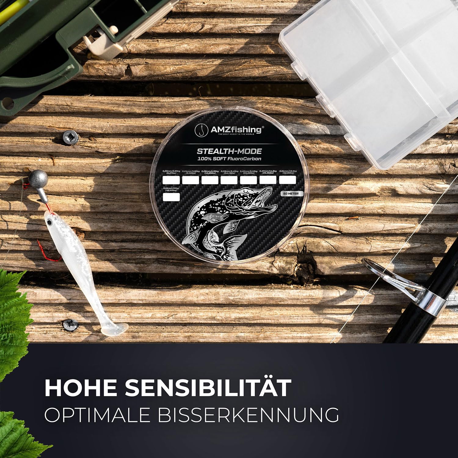 NEU AMZfishing® Stealth-Mode 50m Fluorocarbon Vorfachschnur 0,20-0,85 mm | 100% Fluorocarbon Angelschnur | Zandervorfach | Angelschnur | Angelzubehör