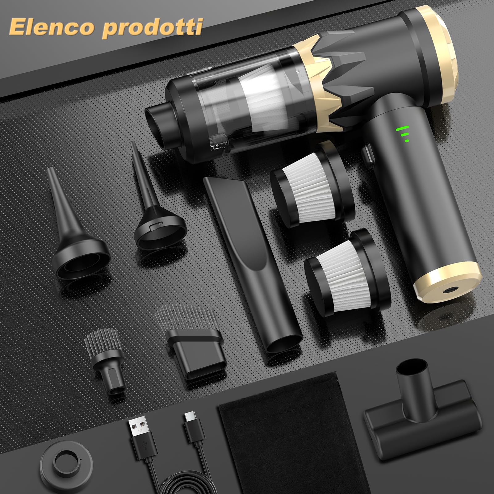 Robofun 4 in 1, aspirapolvere a mano, 25000 Pa, 105000 giri/min, motore senza spazzole, rimozione della polvere con un pulsante, aspirapolvere a mano senza fili, per auto, ufficio, divano, peli di