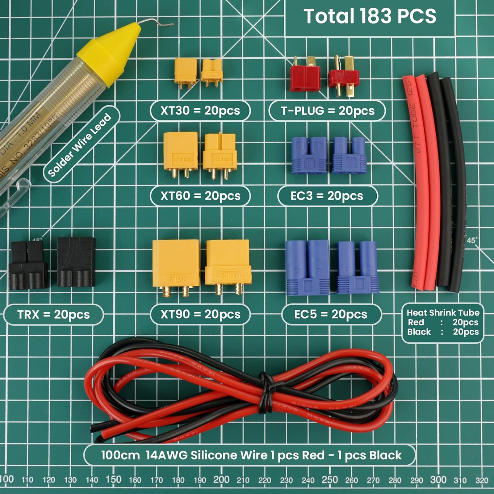 Modell Stromanschlusspaket mit XT30 / 90 EC3 / 5 T Steckerteilen, Anschlusseinsätzen, Silikonkabel und Schrumpfschlauch für Wartungsarbeiten