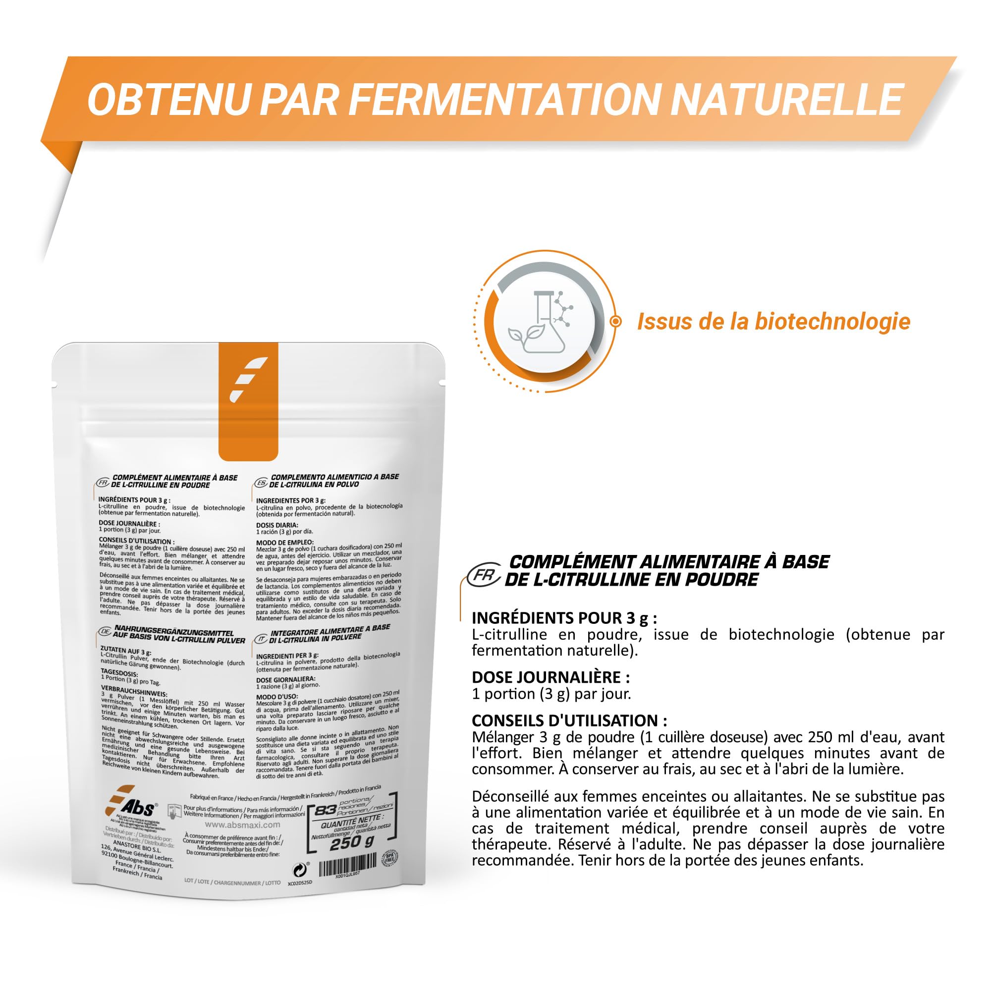 L-CITRULLINE EN POUDRE * 83 portions / 250 g * Vasodilatateur, récupération après l’exercice physique, performance