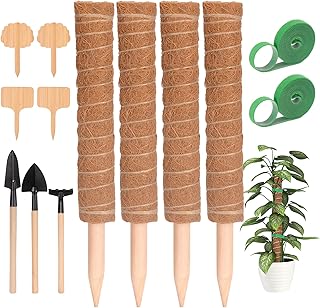 Moss Pole 4pcs 16inches/41cm Coco Coir Pole Plant Support for Cheese ＆ Monstera Plant, Plant Support Totem Pole for Indoor Climbing Plants with 4m Plant Twist Tie, 4 Plant Labels, 3 Gardening Tools