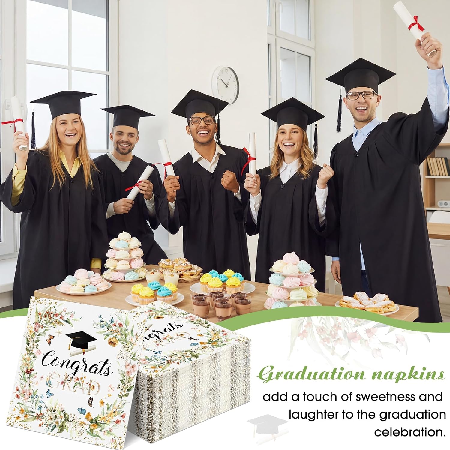 Pajean 50 Pcs Wildflower Graduation Napkins Floral Congrats Grad Party Napkins Class of 2026 Wildflower Disposable Paper Napkin with Graduation Cap Design for Graduations Party Decor, 13in Unfolded