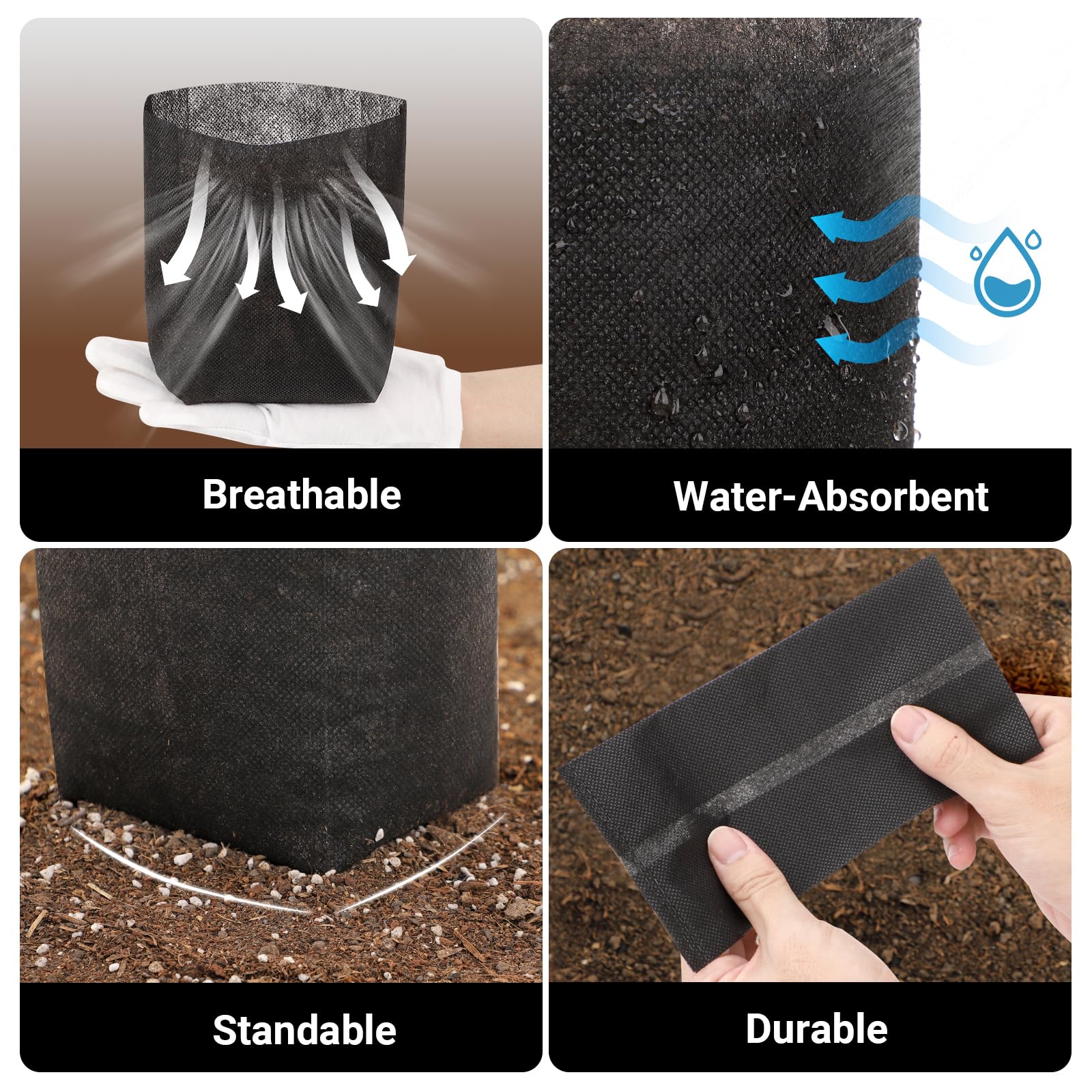 Bolsas de cultivo de plantas negras, paquete de 100 bolsas de cultivo de tela no tejida transpirable de 7.5 x 7.5 pulgadas, bolsas de vivero, bolsas de plantas para plantar macetas de 1 galón,