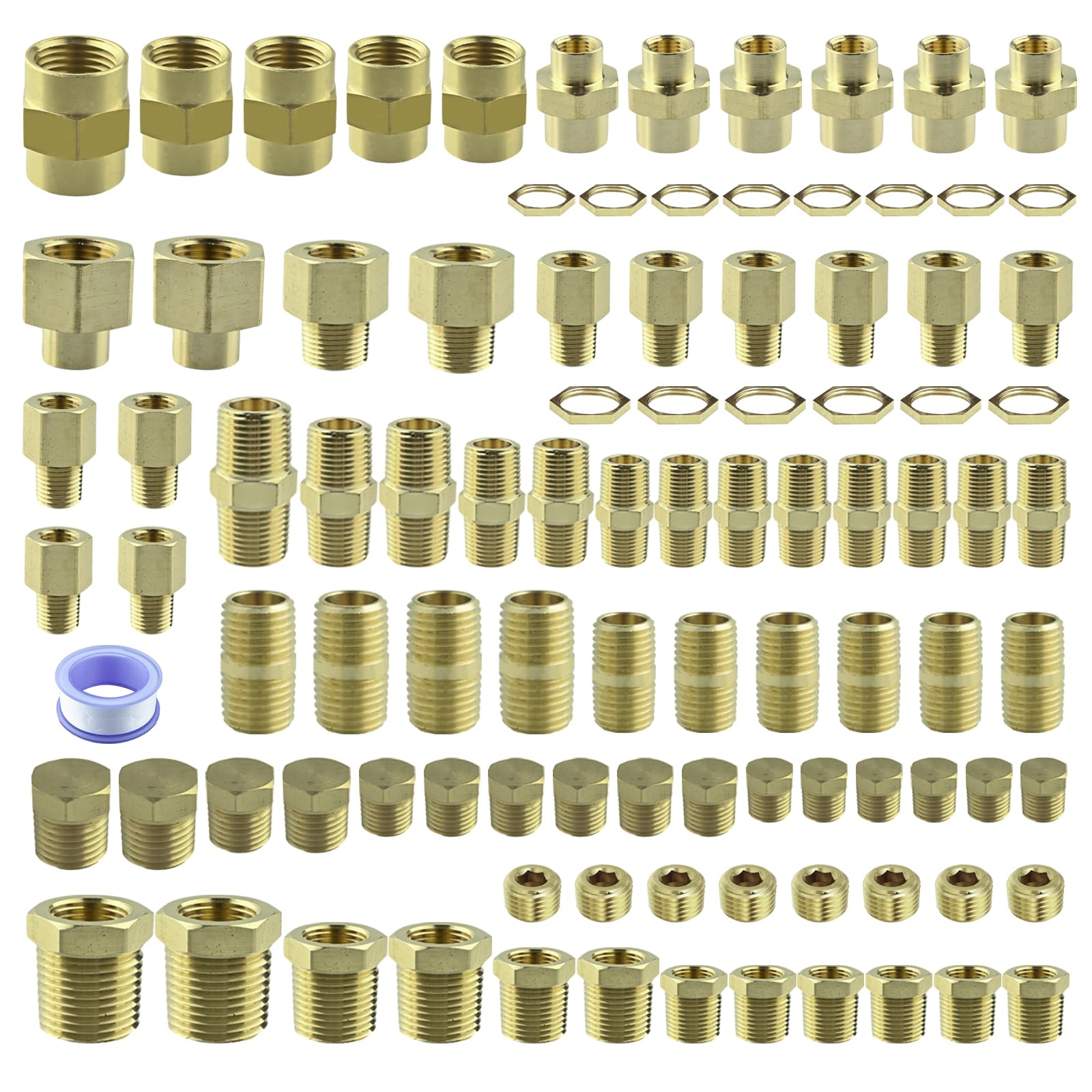 102PCS Brass Pipe Fittings Assortment Kit NPT Adapter, Hex Nipple, Reducer Bushing, Coupling, Reducer Busing, Close Nipple, Hex Head Plug, BulkHead Nut & Countersunk Plug NPT Fittings Kits