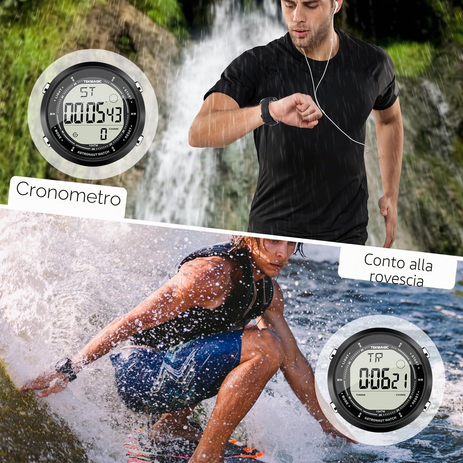 Orologio da polso per nuoto e immersione, impermeabile, 10 ATM, con funzioni di sveglia, cronometro, conto alla rovescia, doppio fuso orario, formato 12 e 24 ore commutabile, cinturino in silicone