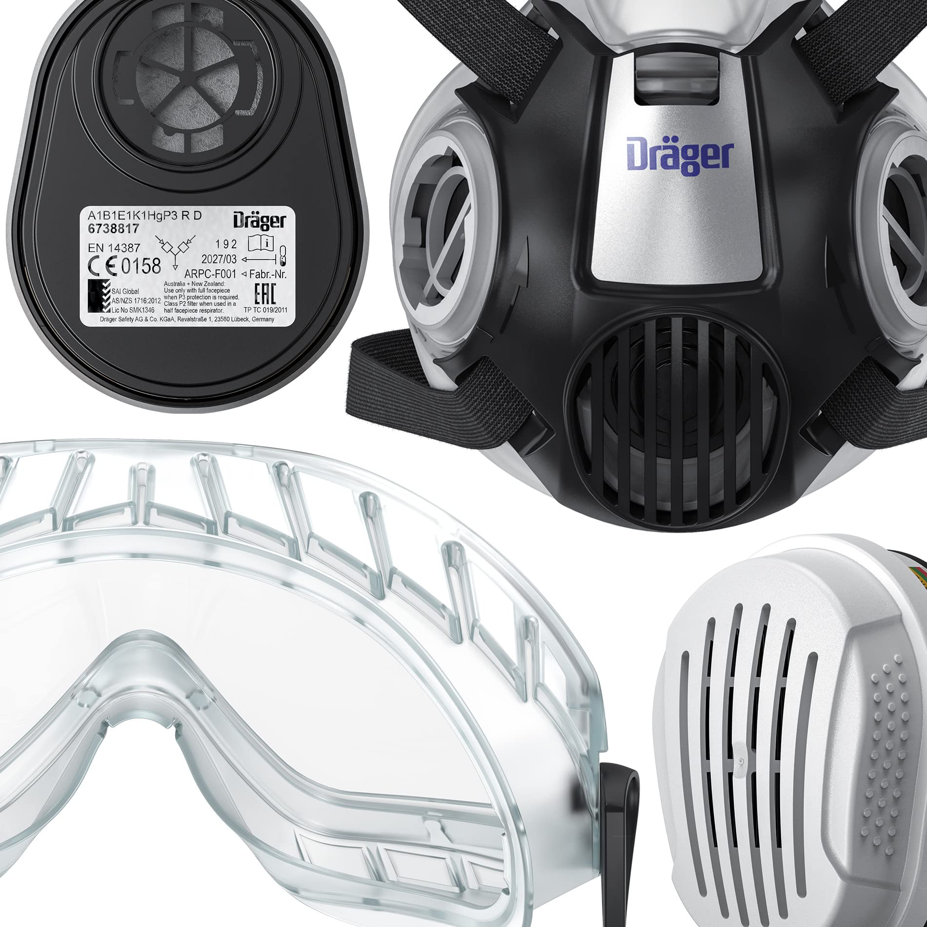Dräger Set di semimaschere X-plore 3300 per lavori chimici con occhiali a visione totale X-pect 4400 e filtro combinato ABEK1 Hg P3, protezione da vapori, gas, particelle e polveri