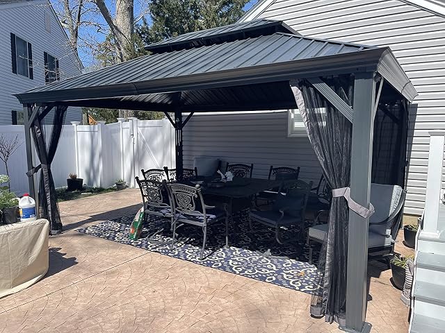PURPLE LEAF Heavy Duty Garden Gazebo 3.65 x 4.85 m with Galvanised Steel Double Roof, Waterproof Metal Hardtop Gazebo with Side Curtain and Zipped Netting for All Weathers, Outdoor and Patio, Grey