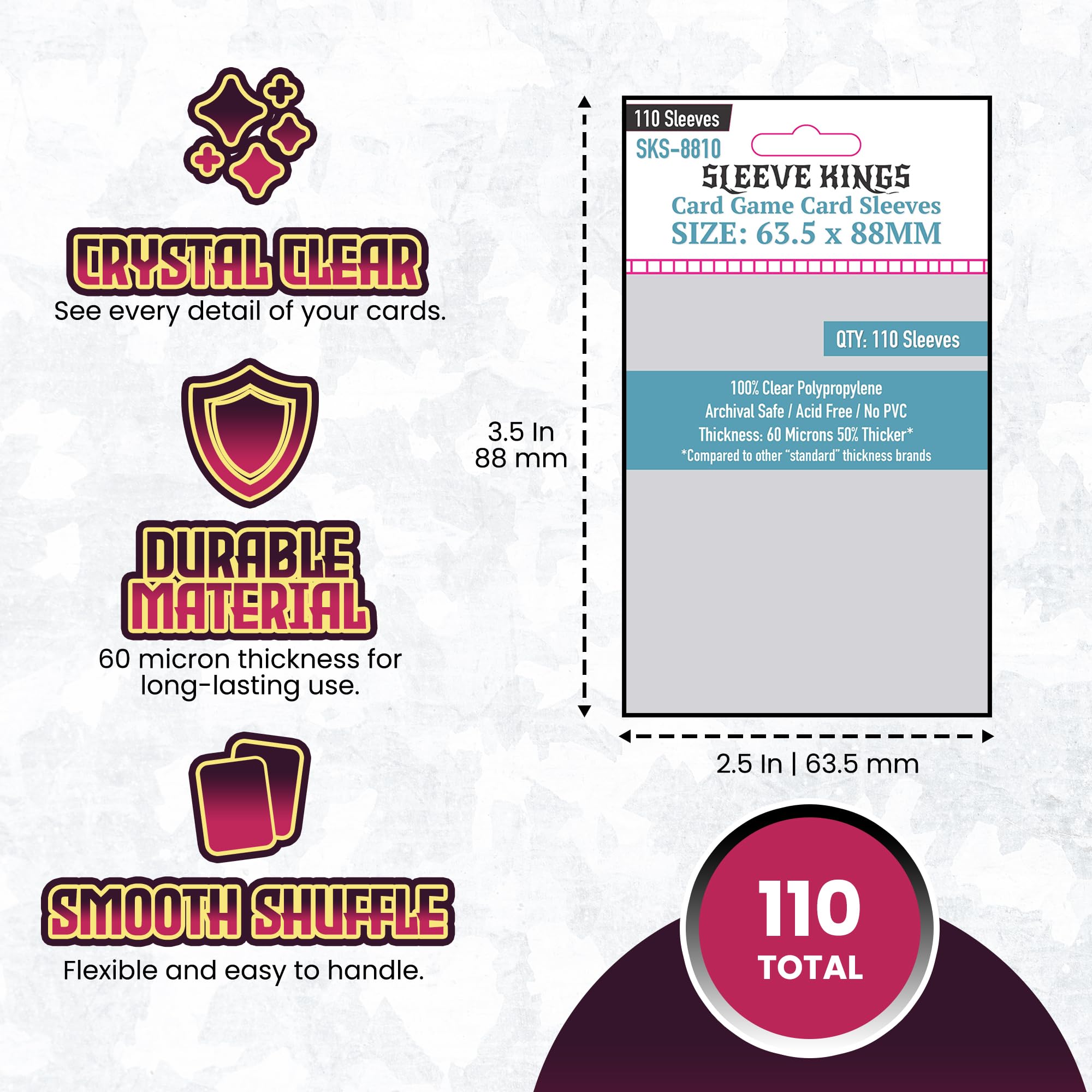 Amazon.com: Sleeve Kings Standard Card Sleeves – 110 Count, Clear 60 Micron  Thickness, Medium MTG Size (63.5 x 88 mm), Compatible with Magic: The  Gathering & More – SKU: SKS-8810 : Toys & Games