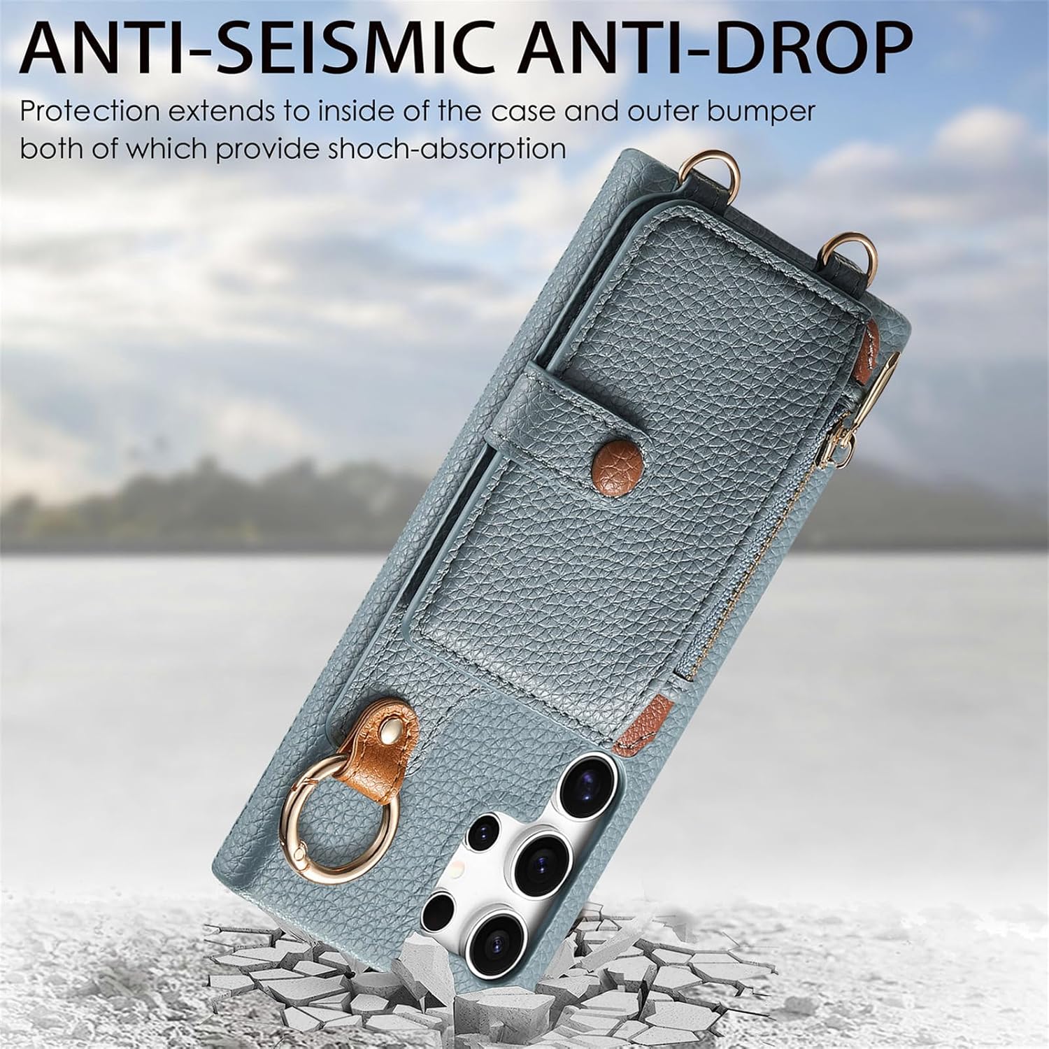 Wallet Case for Samsung Galaxy S22 Ultra with Lanyard Strap Card Slot Holder RFID Blocking 360° Ring Kickstand,Magnetic Flip Folio Zipper Purse Case, PU Leather Cover Handbag,Blue