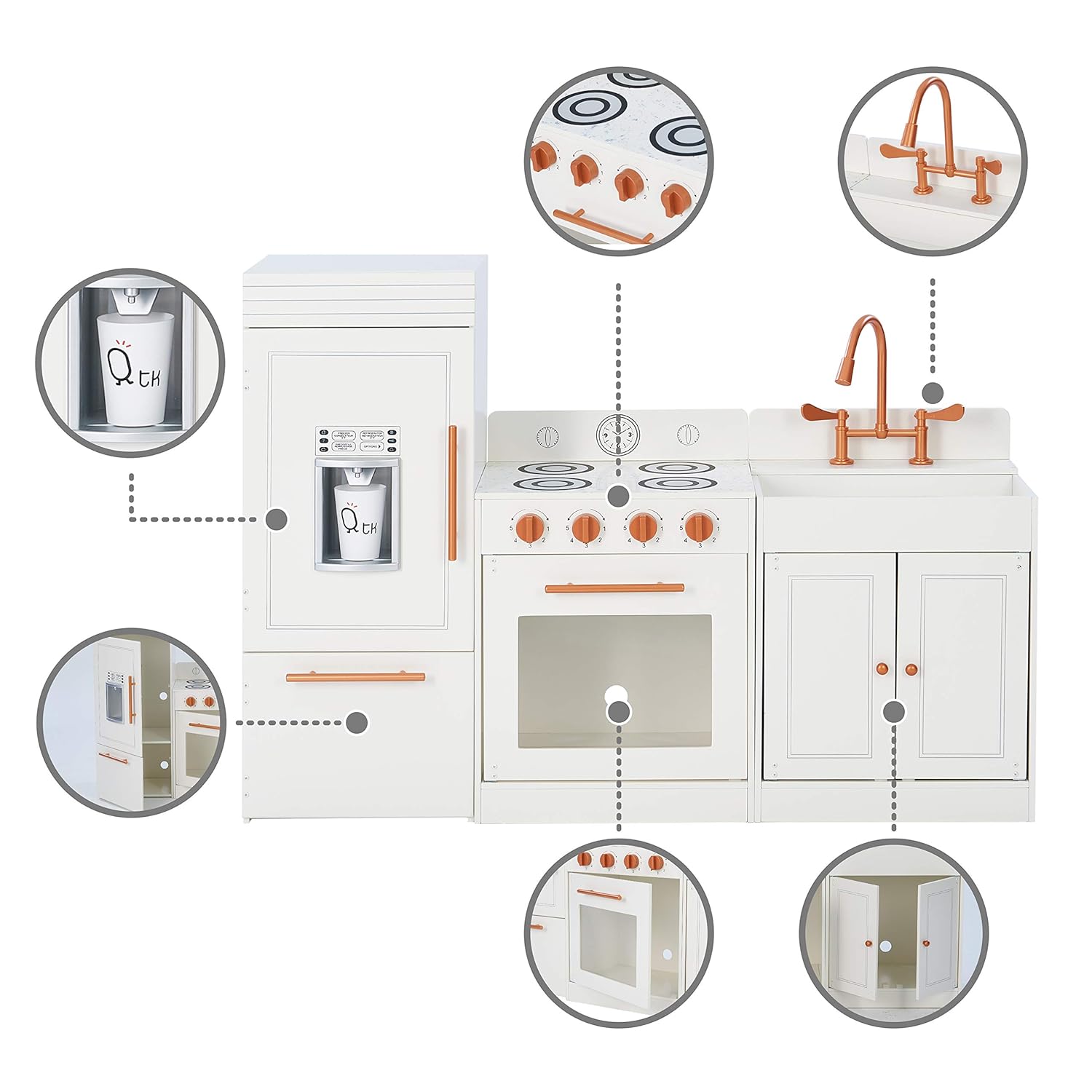Teamson Kids Little Chef Paris Modular Contemporary Interactive Wooden Play Kitchen with Refrigerator, Oven, Sink, and Storage Space for Easy Clean Up, White with Rose Gold Finishes