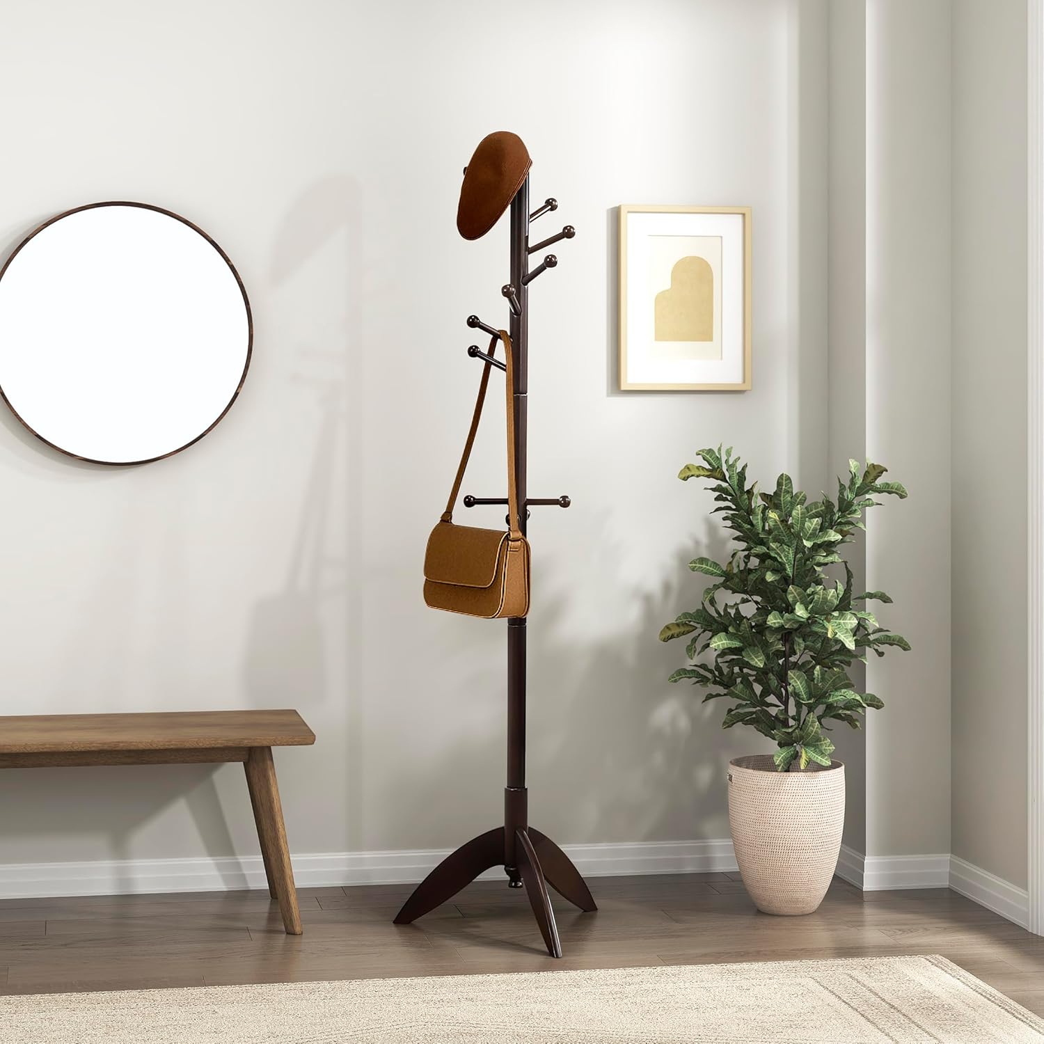 Lexicon Sturdy Solid Wood Coat Rack Stand with 10 Hanging Hooks for Hats,Scarves, Handbags, 3-Tier Wooden Coat Rack Freestanding Tree Used in Bedroom, Entryway, Hallway, Office, Dark Brown