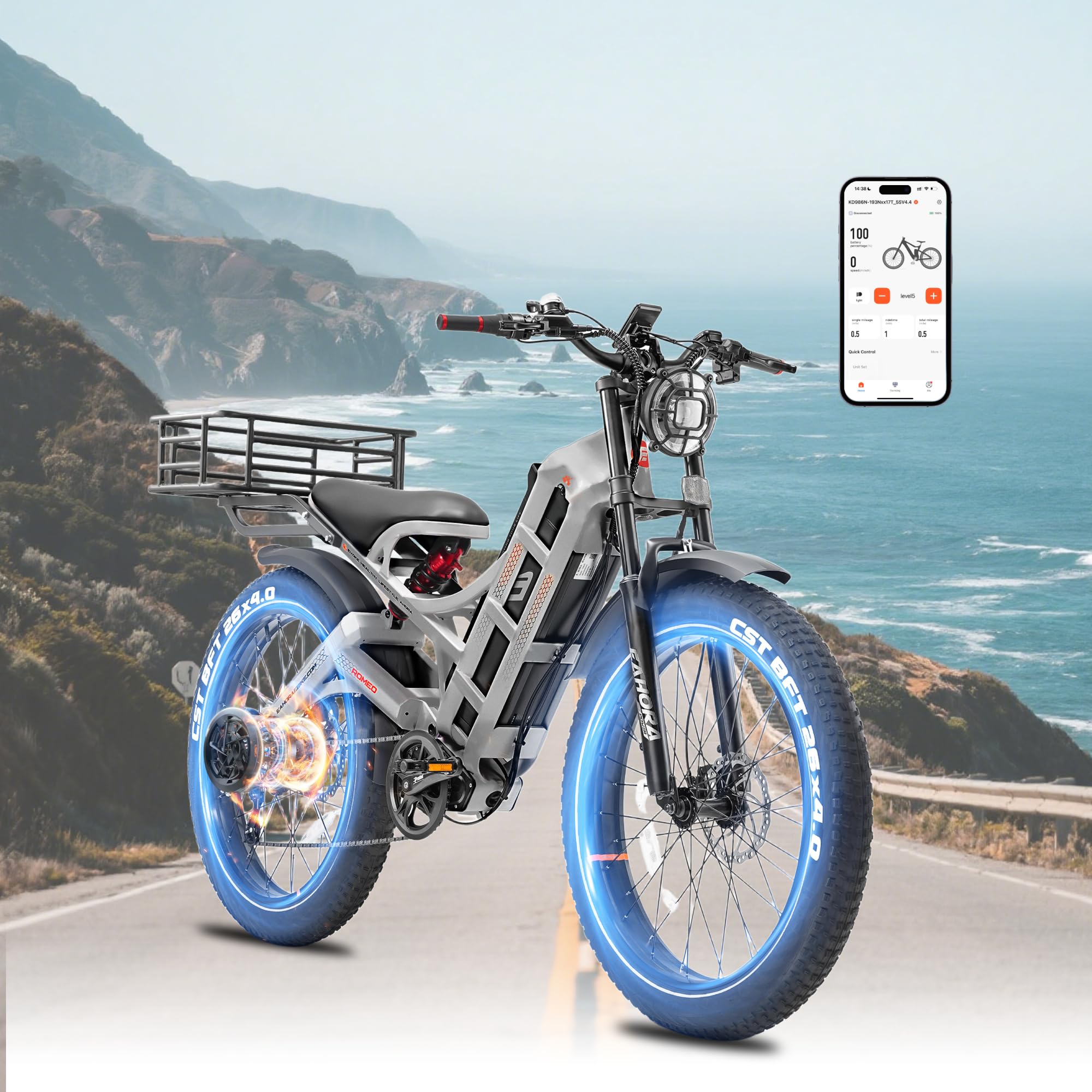 eAhora Romeo Pro 3/2 [2025] 46-50 Mph Electric Bike for Adults, Peak 5600W Dual Motor Ebike, 60V 80Ah 250 Miles Long Range E Bike, 26”*4.0 Fat Tire Air Full Suspension Off-Road E-Bike