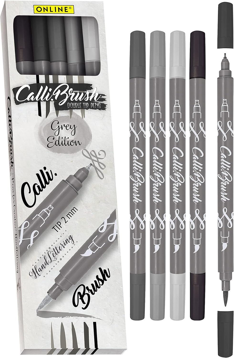 Online Calligraphy Brush Pens Grey I Dual Tip with Calligraphy Nib and Brush, Set with Watercolours, Waterbased Calli.Brush - DIY I Handlettering I Painting I Gift Cards I Bullet Journal