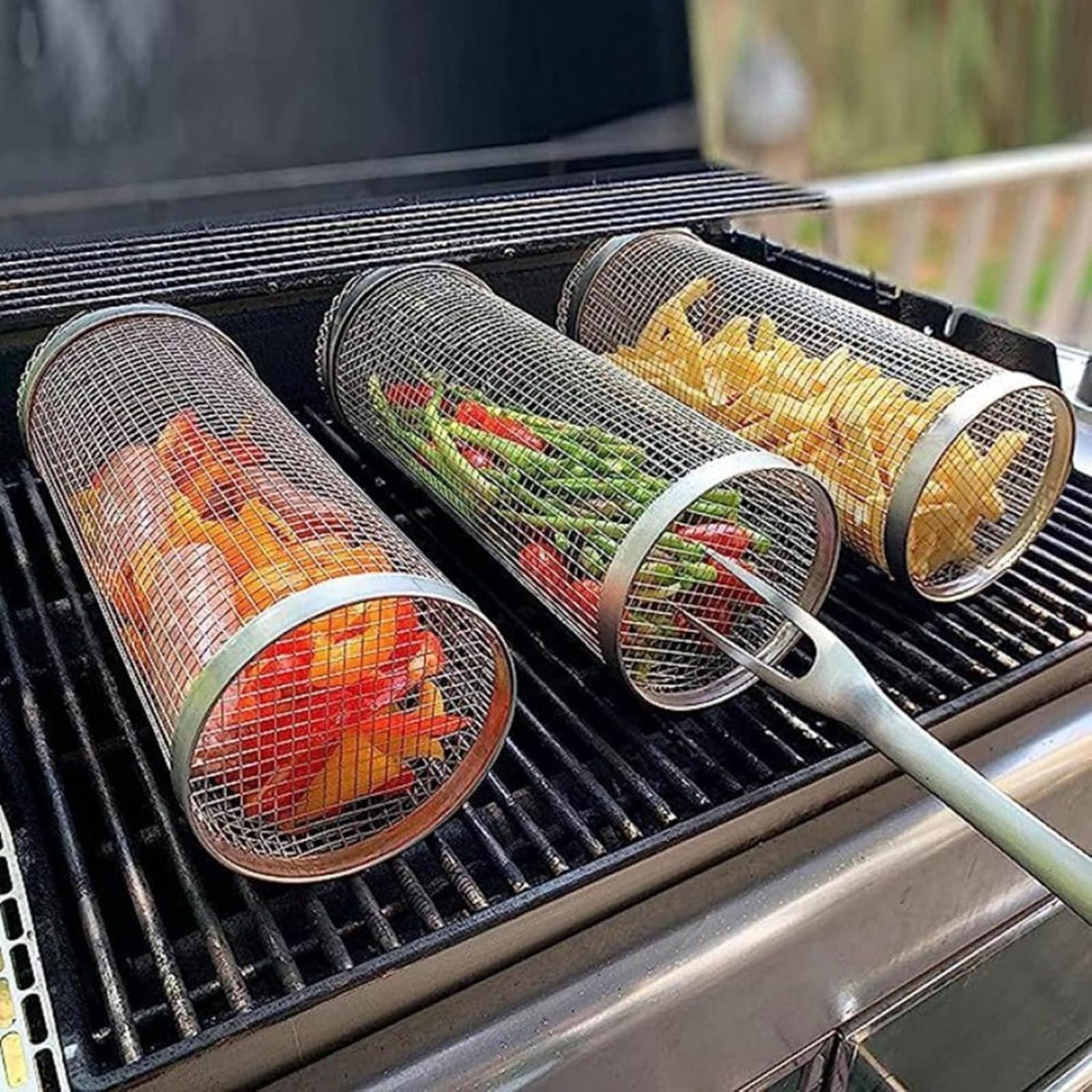 Cestello per barbecue rotante in acciaio inox, cestello cilindrico per barbecue, cestello portatile per barbecue da campeggio, adatto per grigliare verdure e carne, accessorio da cucina multifunzional