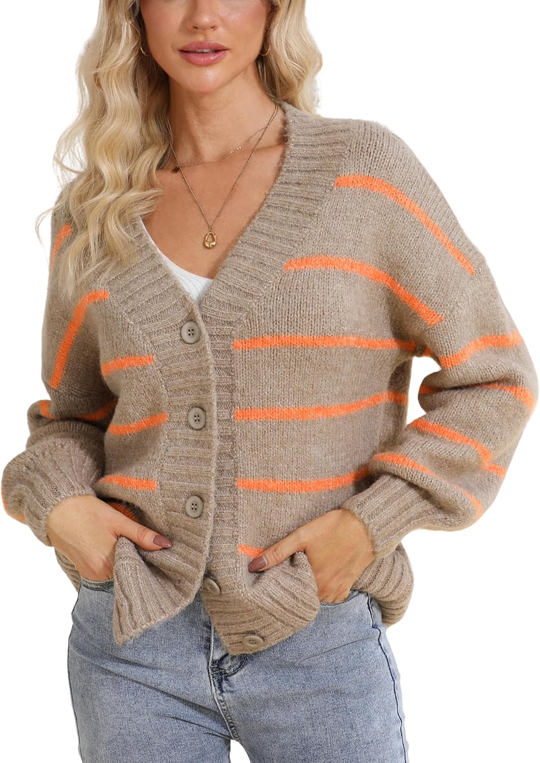 QIBABU Womens Striped Cardigan Sweaters Oversized V Neck Open Front Button Down Knit Outwear