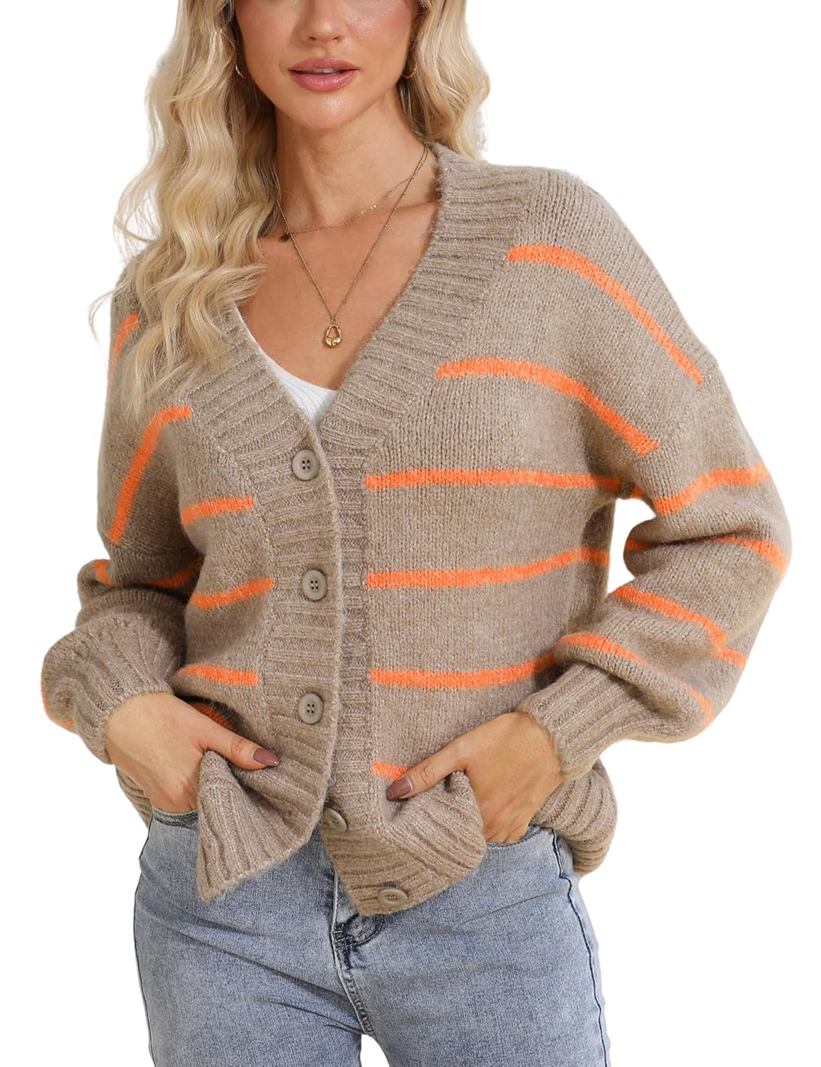 QIBABU Womens Striped Cardigan Sweaters Oversized V Neck Open Front Button Down Knit Outwear