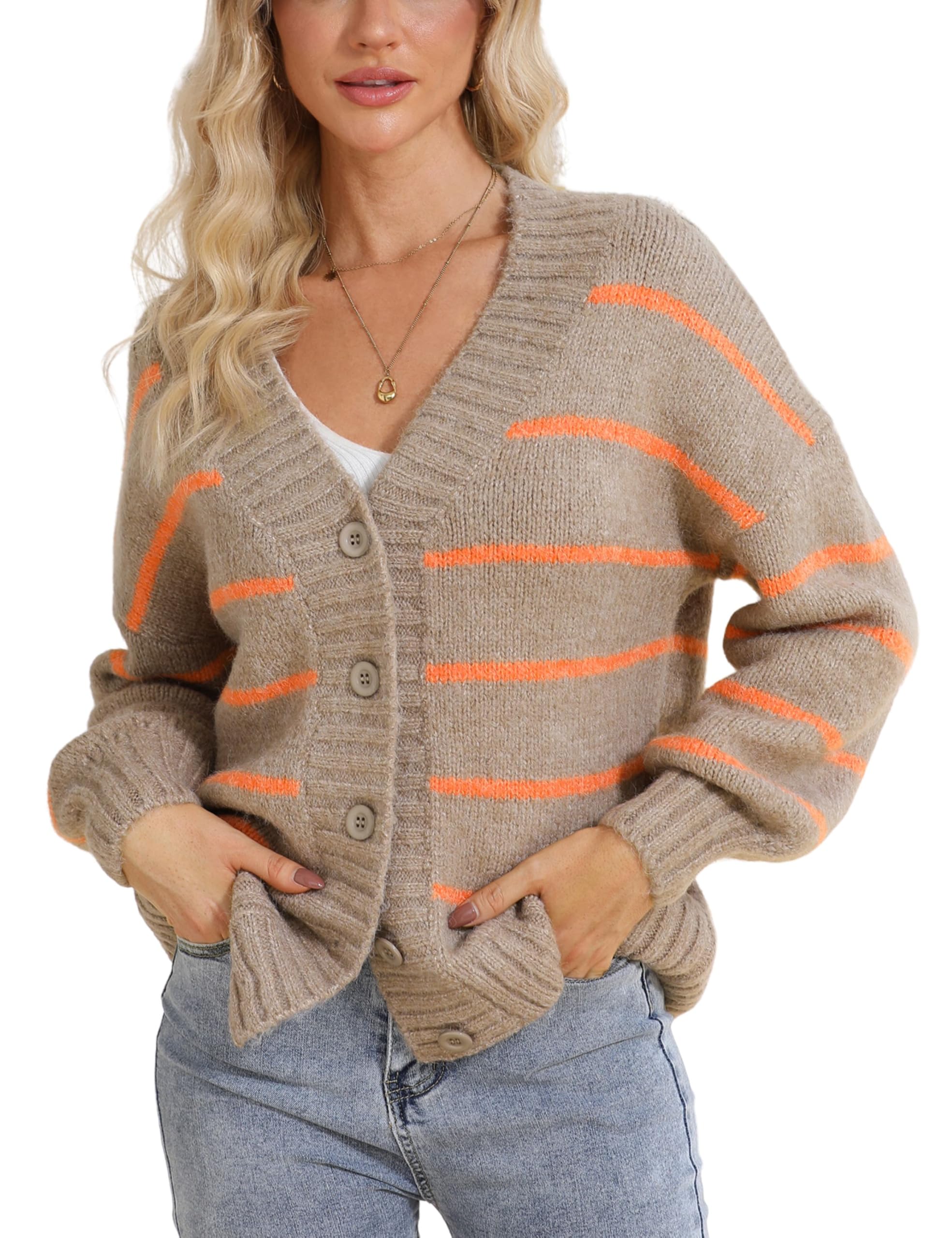 QIBABU Womens Striped Cardigan Sweaters Oversized V Neck Open Front Button Down Knit Outwear