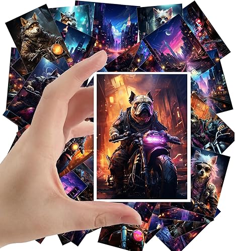 Miniatura 3 de Calcomanías grandes, 24 piezas (2.5 x 3.5 pulgadas cada uno) Gatos de pandillas y perros de pandillas sentados en el bar nocturno en Ciberpunk Town,