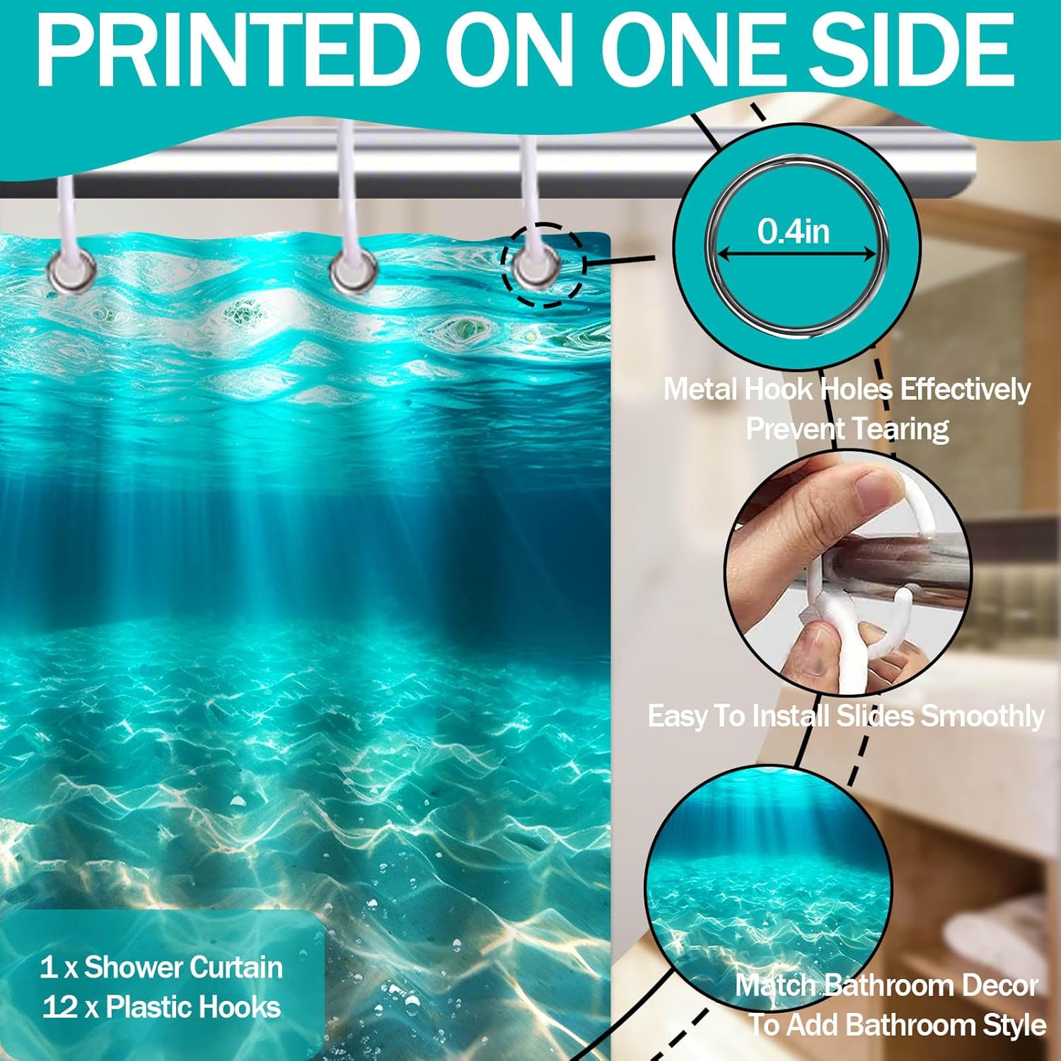 Underwater Shower Curtain Ocean Under The Sea Teal Blue Beach Bathroom Decor, Waterproof Cloth Fabric with Hooks, 70x84 Inches