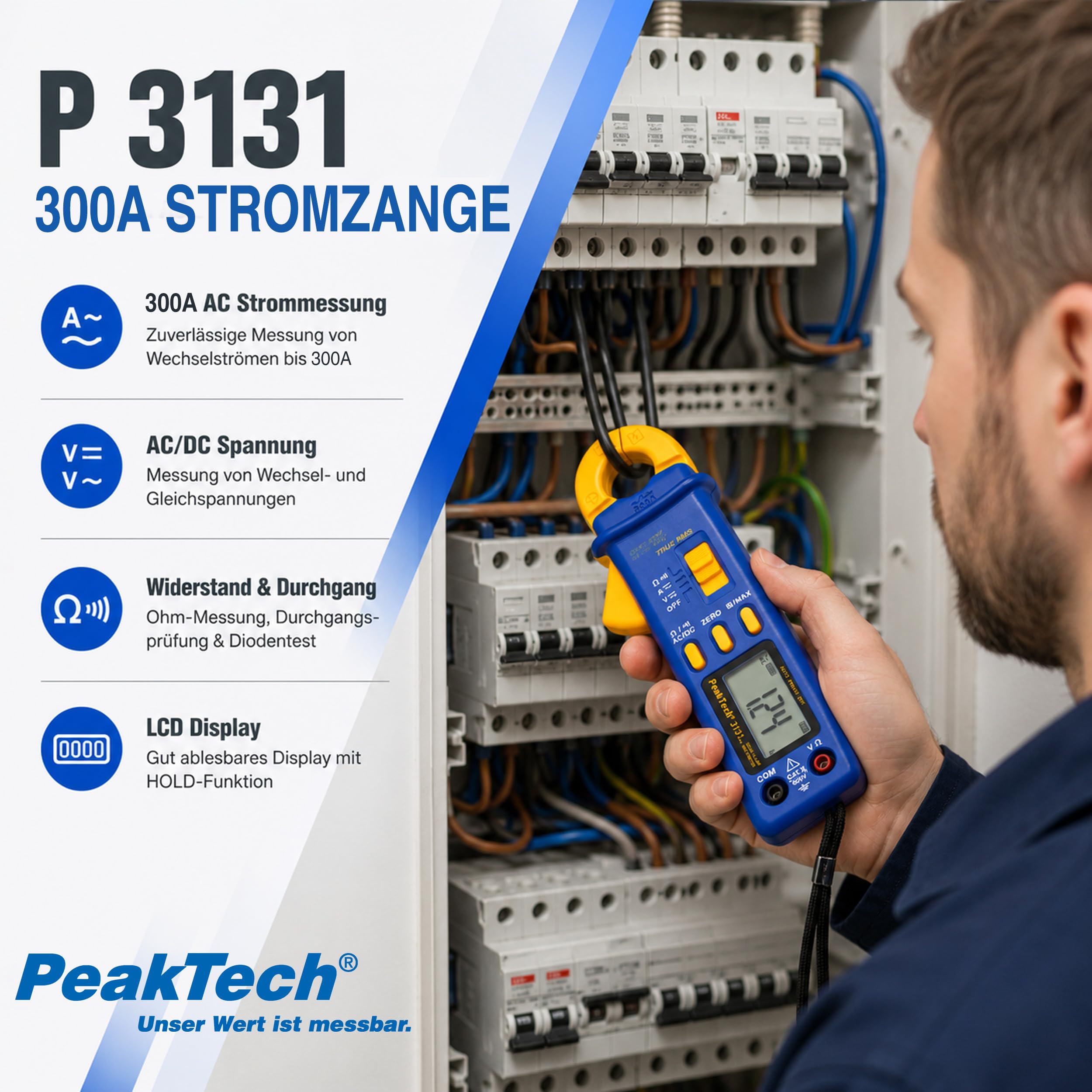 PeakTech P 3131 True RMS Stromzange - 300 A AC/DC, 4000 Counts mit Multimeter, 1 Stück, P 3131