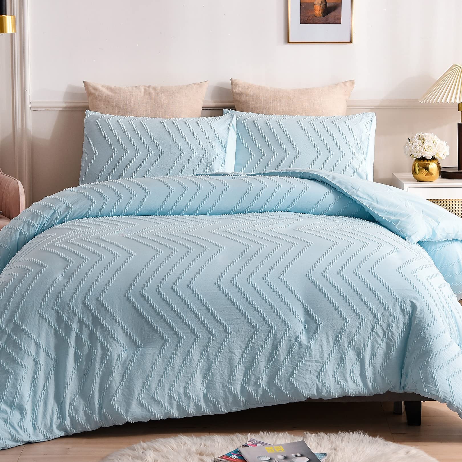 ALEjon Juego de Funda nórdica Plisada Azul con patrón geométrico, 220X240cm - Conjunto de Ropa de Cama de 3 Piezas, Material de Microfibra, Que Incluye 1 Funda nórdica y 2 Fundas de Almohada