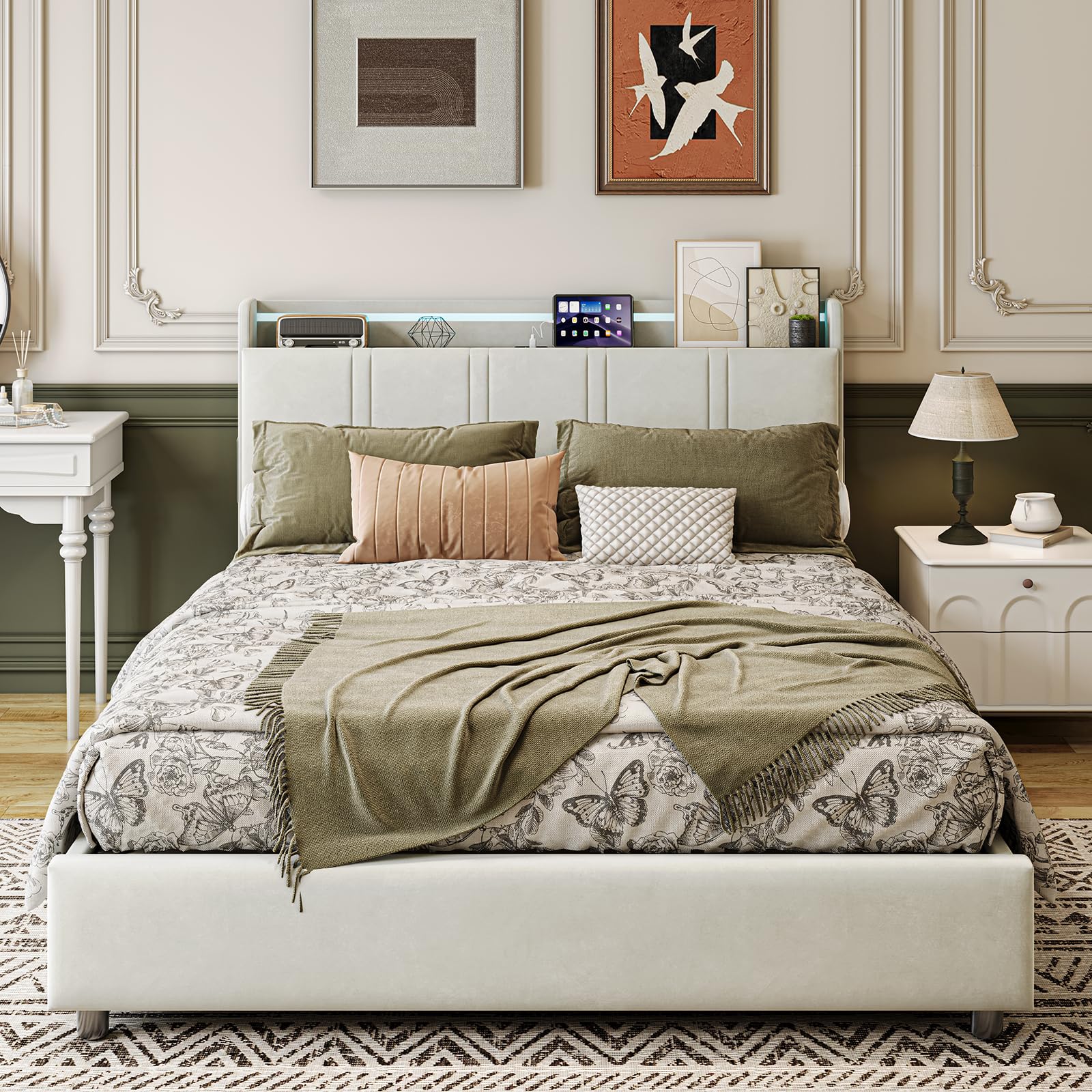 Letto con 4 Cassetti 140x200 cm, Velluto Beige con LED & TYPE-C, Testiera con 1 Ripiano, Salvaspazio, Struttura Letto con Doghe, Senza Materasso
