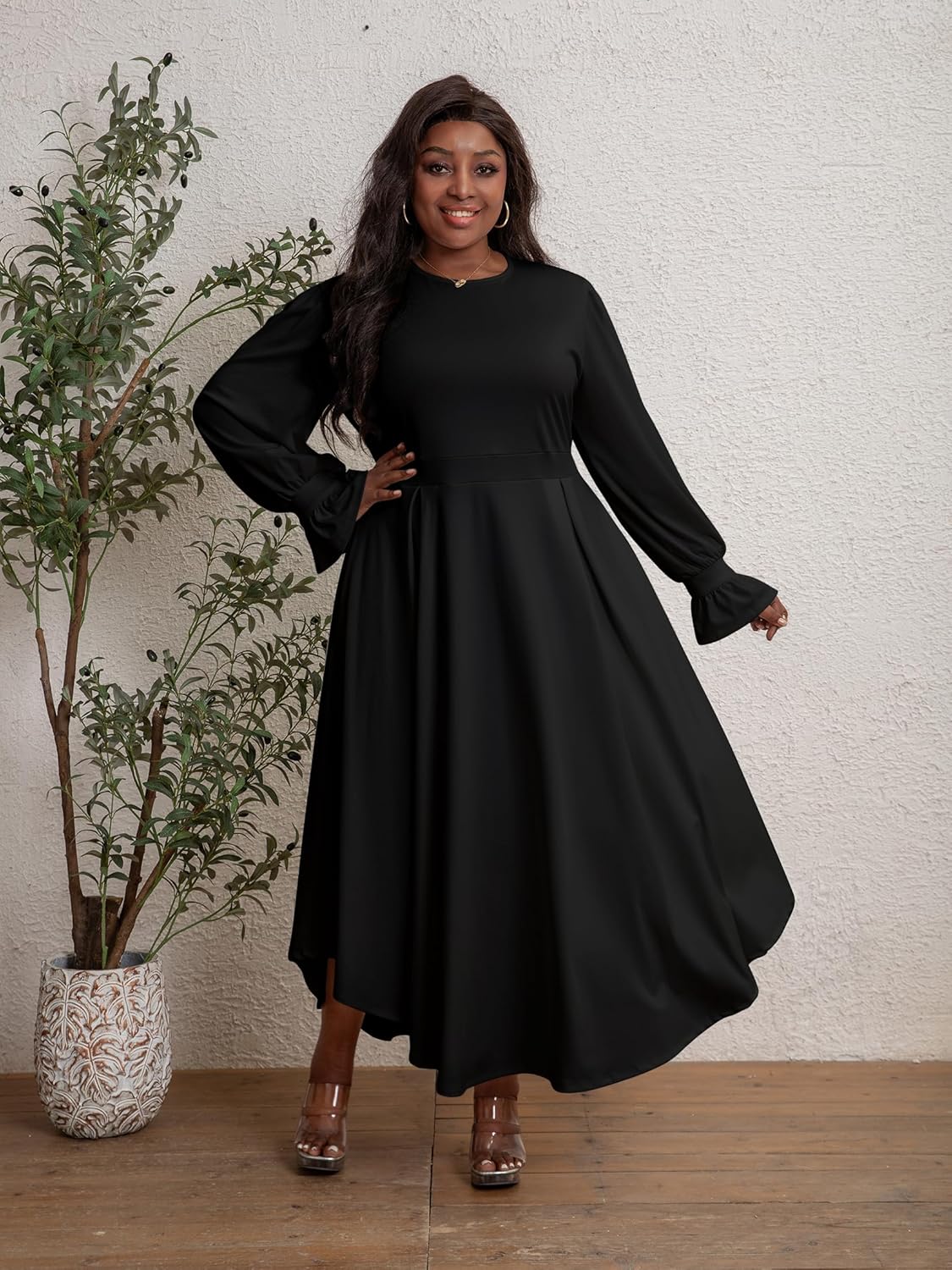 Plus Size Dresses for Curvy Women Long Bishop Balloon Sleeve with Ruffle Cuffs Elegant Maxi Dress - Image 6