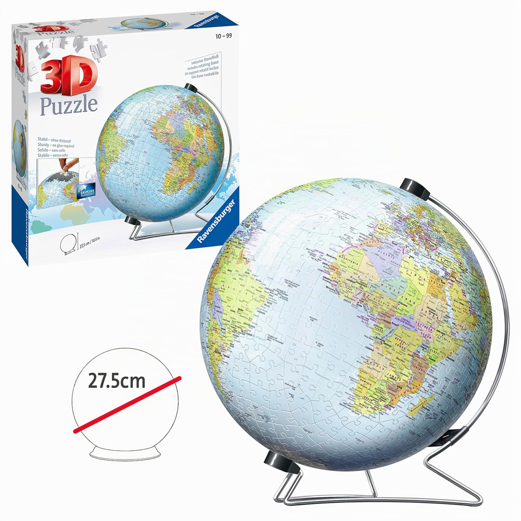 Ravensburger - Puzzle 3D Ball éducatif - Globe terrestre - A partir de 10 Ans - 540 pièces numérotées à Assembler sans Colle - Support Rotatif Inclus - 12436