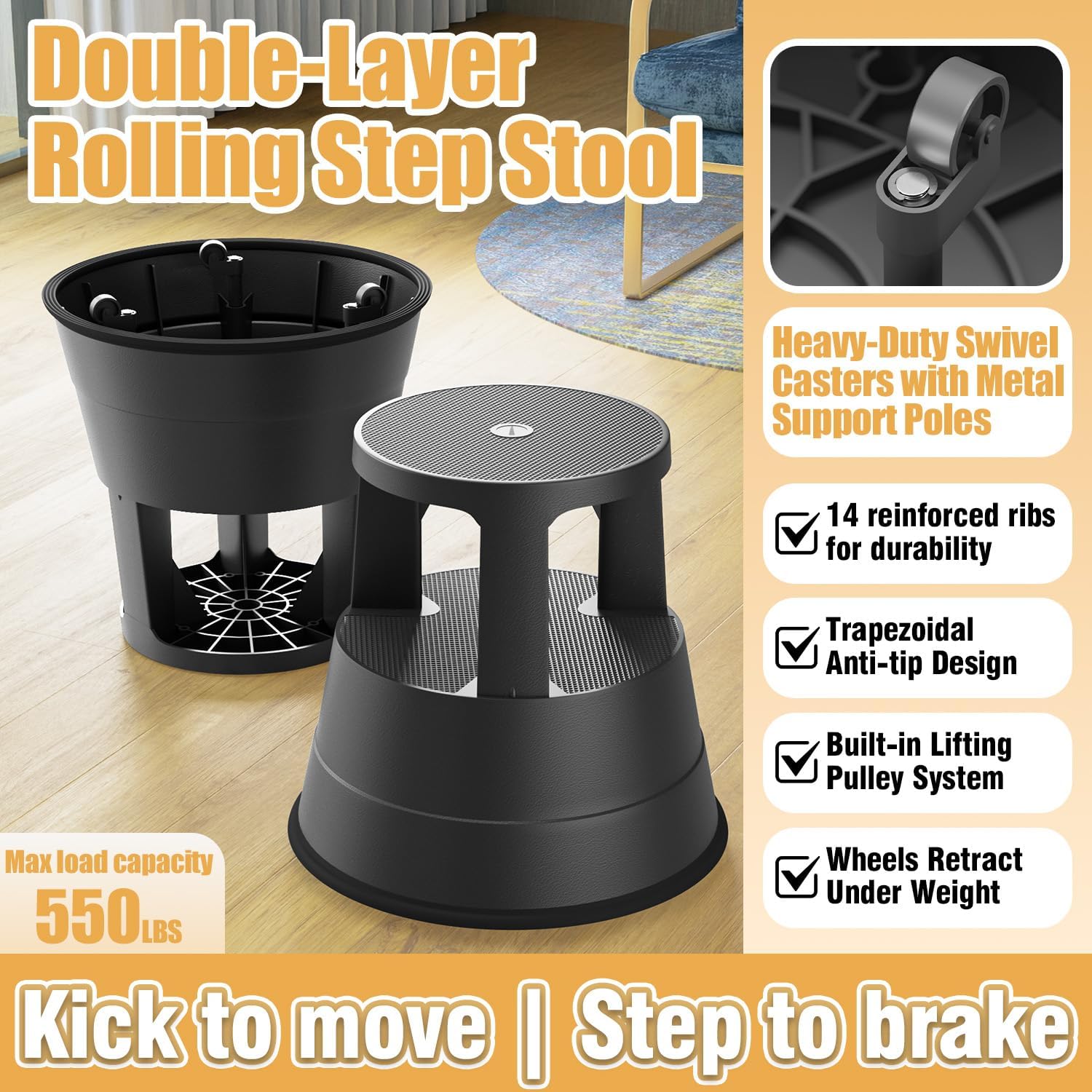 Upgraded Rolling Step Stool with Wheels,550LBS Capacity,Non-Slip Platform&Retractable Casters,Heavy-Duty Round Kick Stool for Library,Kitchen, Office, Garage,Portable for Adults/Seniors/Kids (Black)