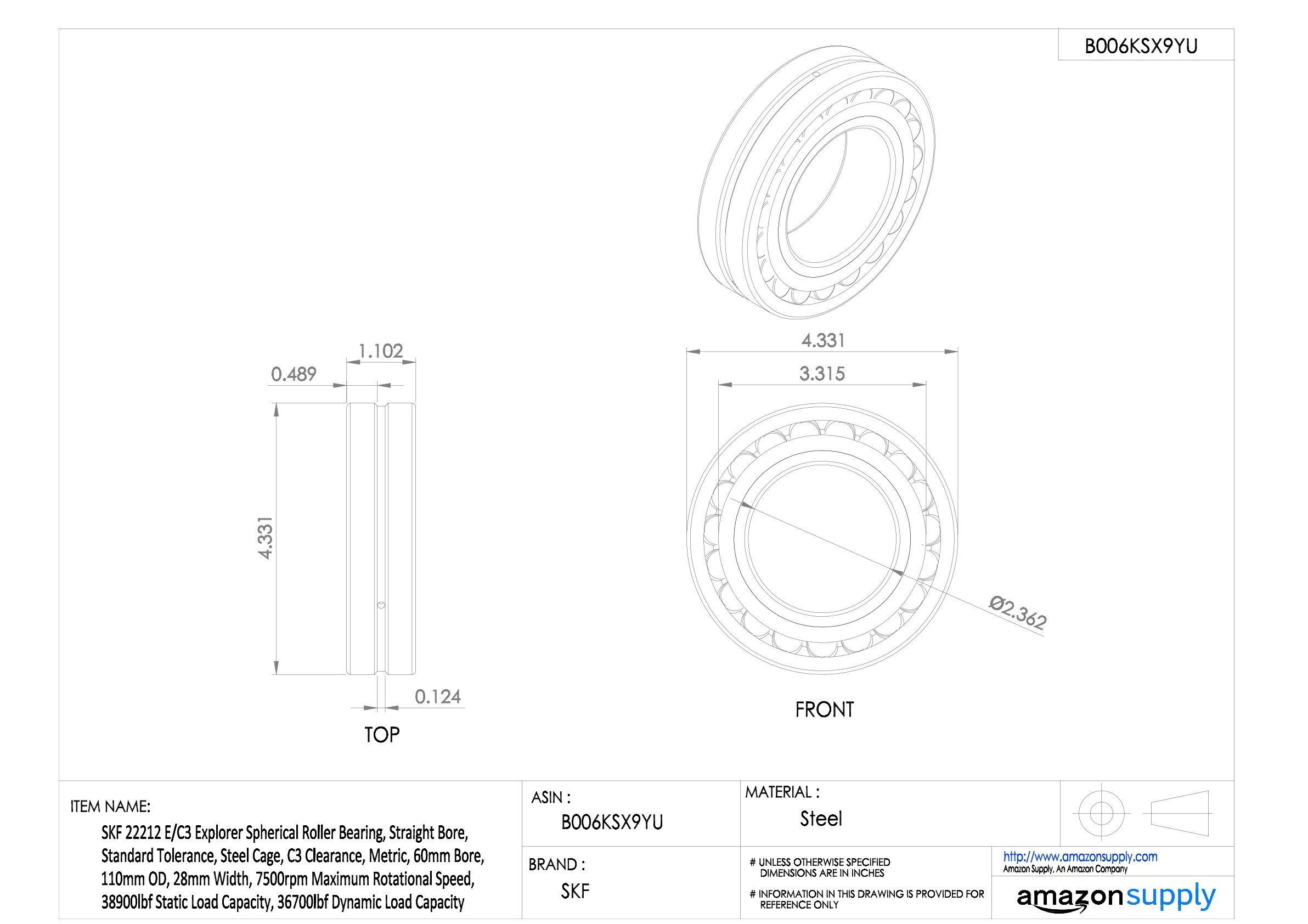 SKF 22212 E/C3 - Rodamiento de rodillos radiales esféricos