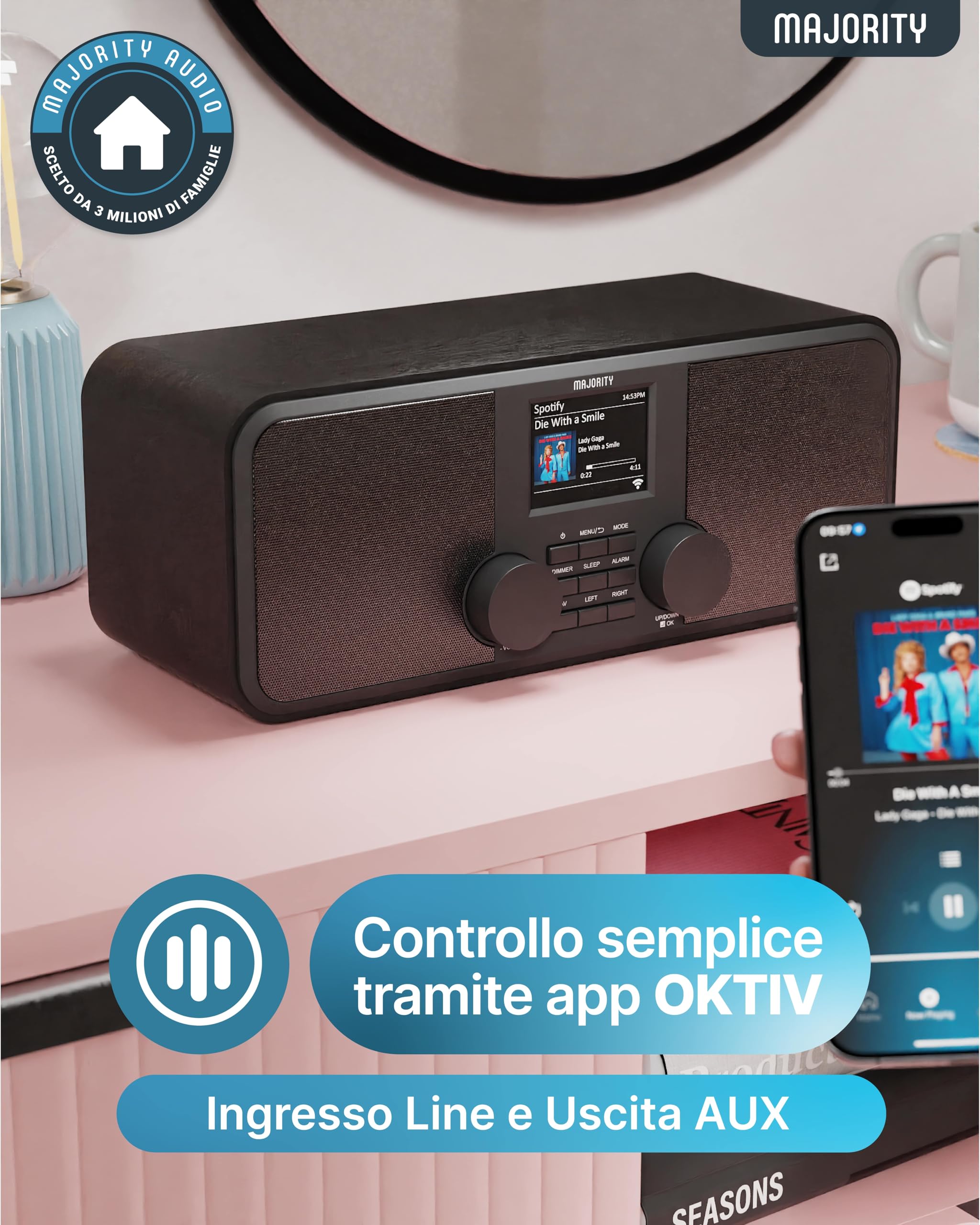 MAJORITY Rostock Radio Internet WiFi con Radio DAB+ e Tuner DAB | Radio FM Bluetooth | Poste Radio Bluetooth | Spotify Connect | Podcasts | Télécommande | App OKTIV | Enceinte Stéréo