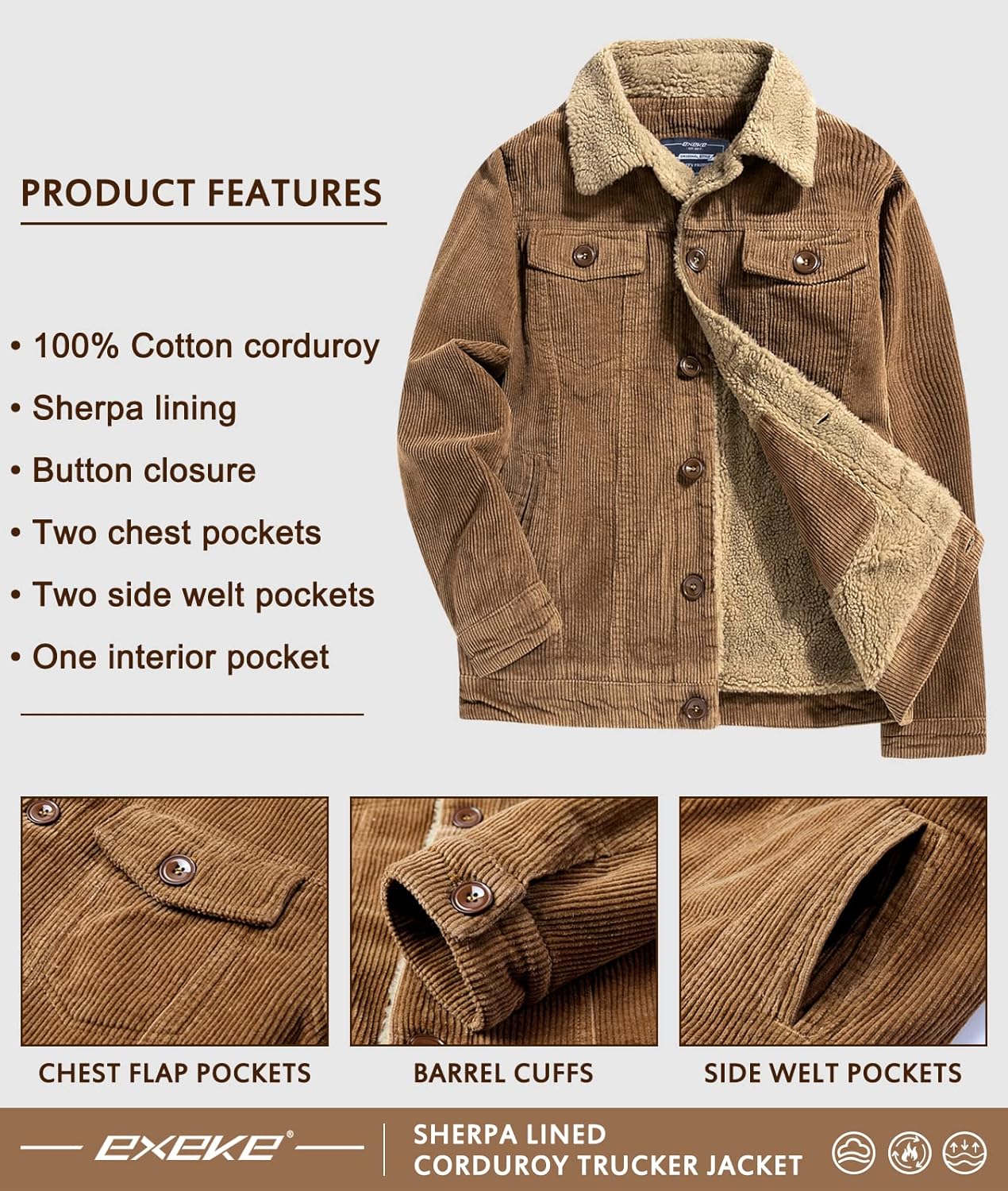 EXEKE Men's Corduroy Jacket Sherpa Lined Trucker Jacket Thickened Thermal Winter Jacket - Image 5