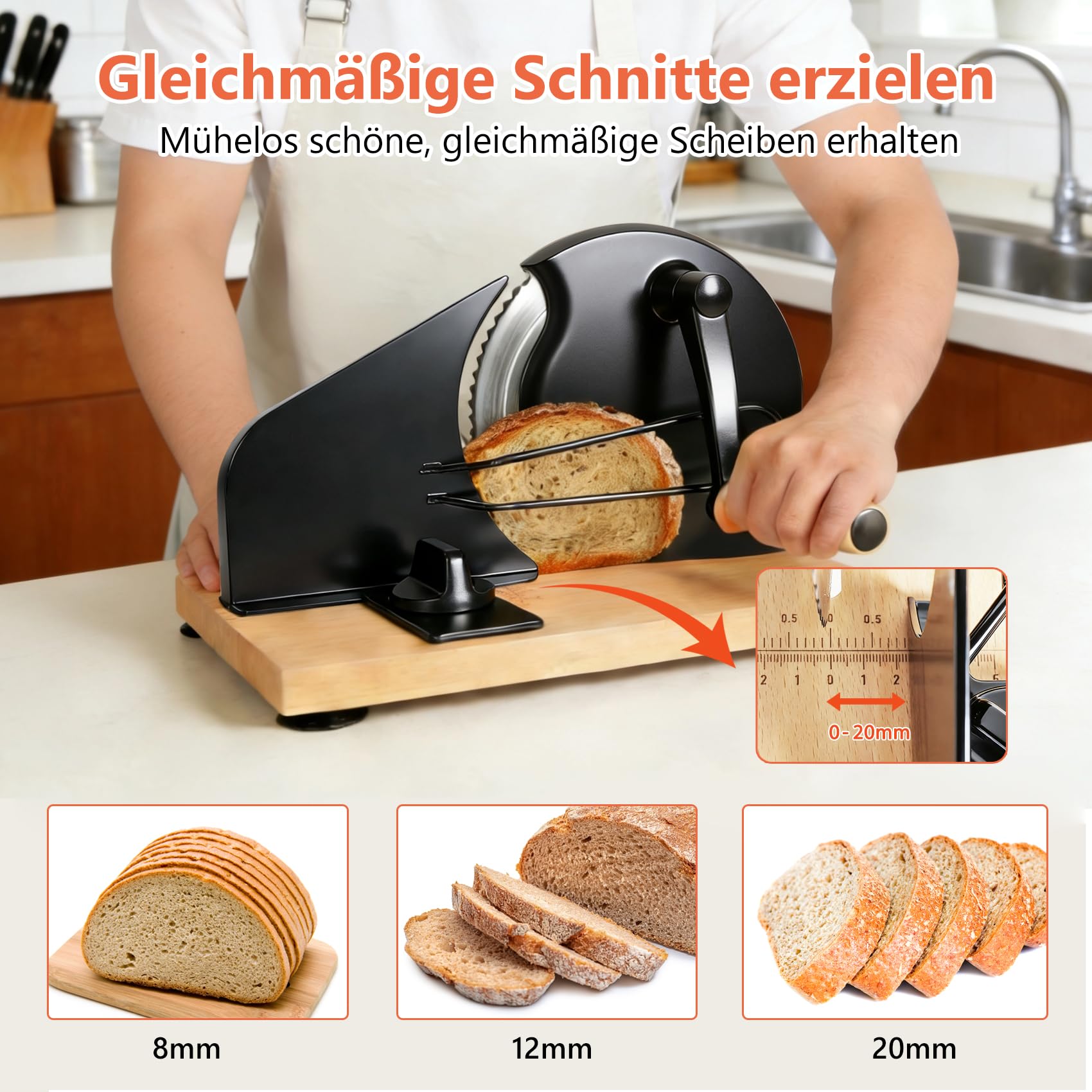 Manuelle Brotschneidemaschine mit Handkurbel | Scheibendicke stufenlos wählbar 1–20 mm | Edelstahlklinge mit Wellenschliff | Rutschfeste Saugnäpfe | Für Sauerteig, Roggen, Toast & Baguette