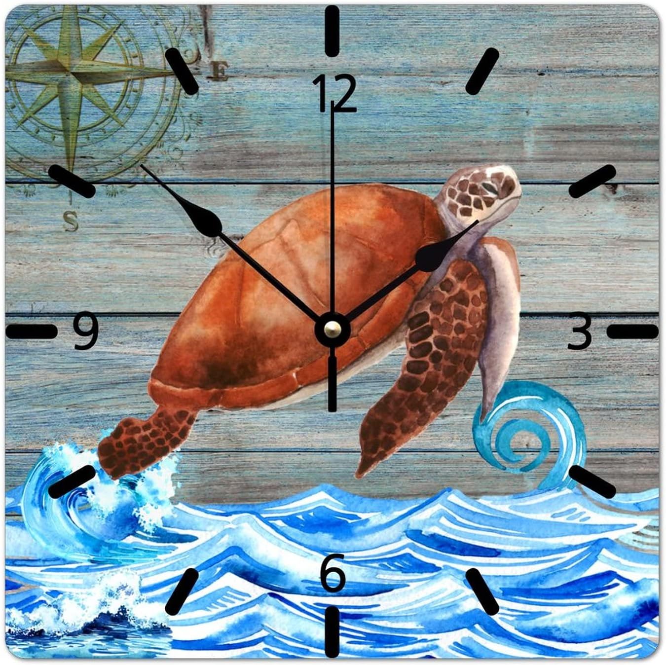 Cute Sea Turtle Wall Clock Blue Ocean Waves PVC Clock 10in Retro Ocean Animals Clock Silent Battery Operated Square Popular Wall Decor for Fireplace Sewing Room Garden Man Cave