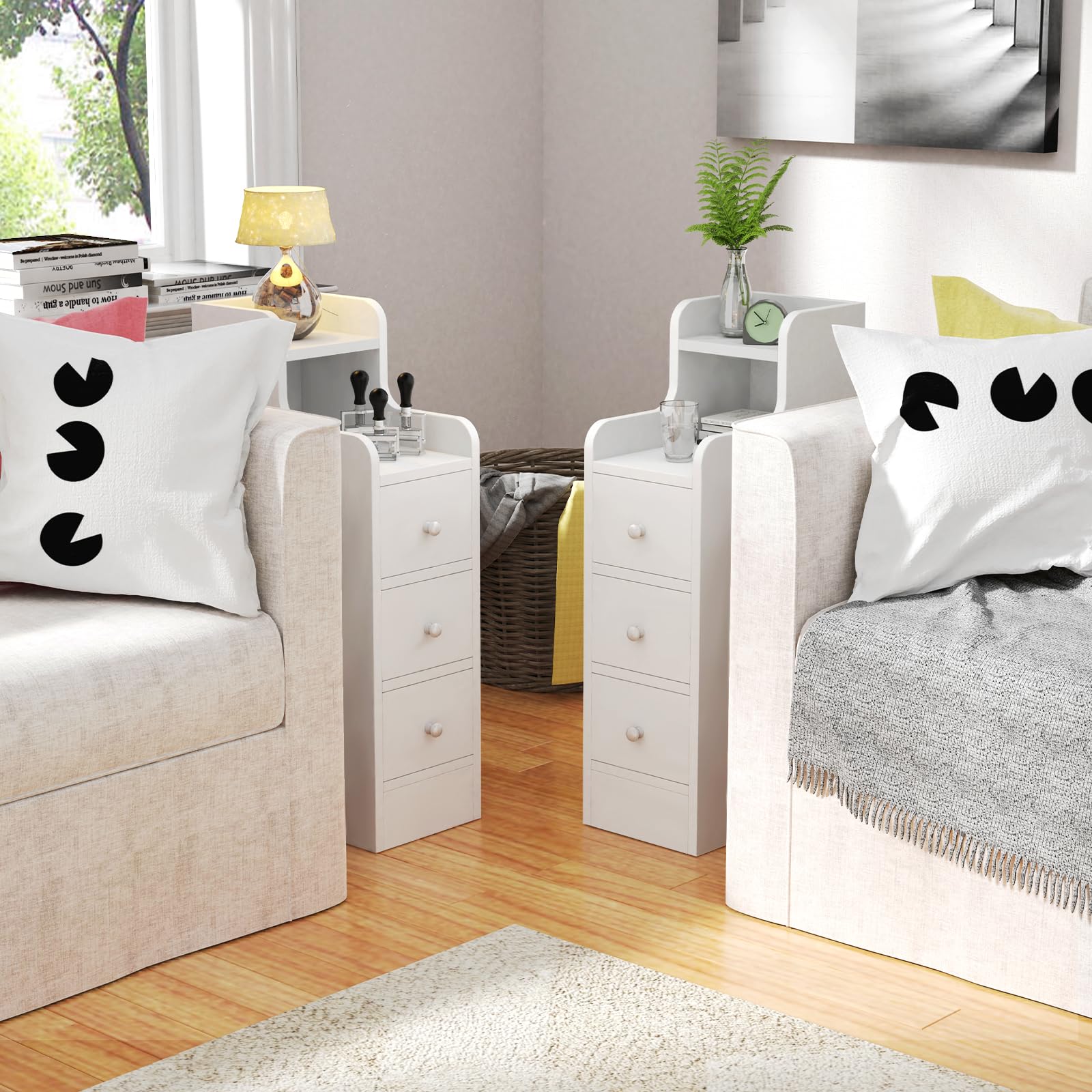 HAMHAIGO Juego de 1 Mesitas de Noche Estrechas, Mueble Auxiliar 2 Cajón, Mueble Auxiliar Estrecho, Mesita de Noche Madera Dormitorio, 25x51x68 cm ( Blanco-A