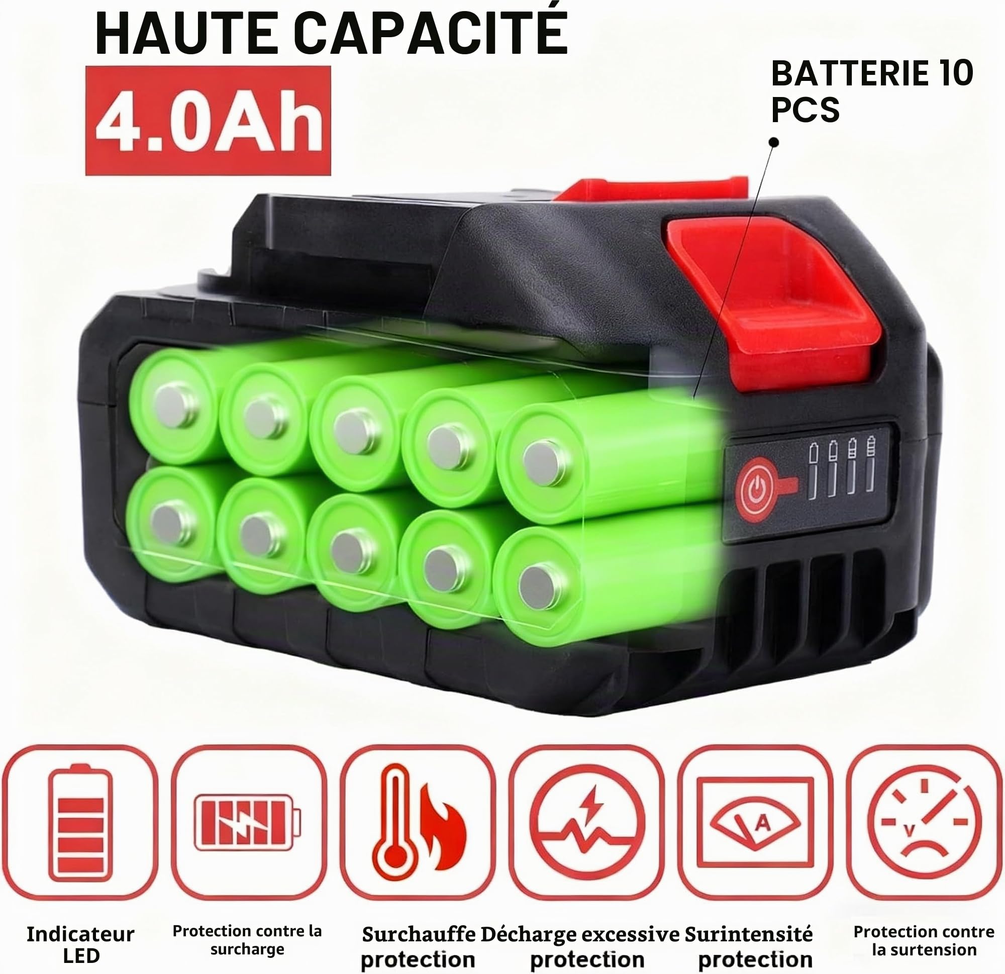 Batterie lithium 21 V - Batterie de remplacement de 4,0 Ah avec indicateur LED compatible avec le souffleur à feuilles et la mini-tronçonneuse sans fil 4 pouces/6 pouces