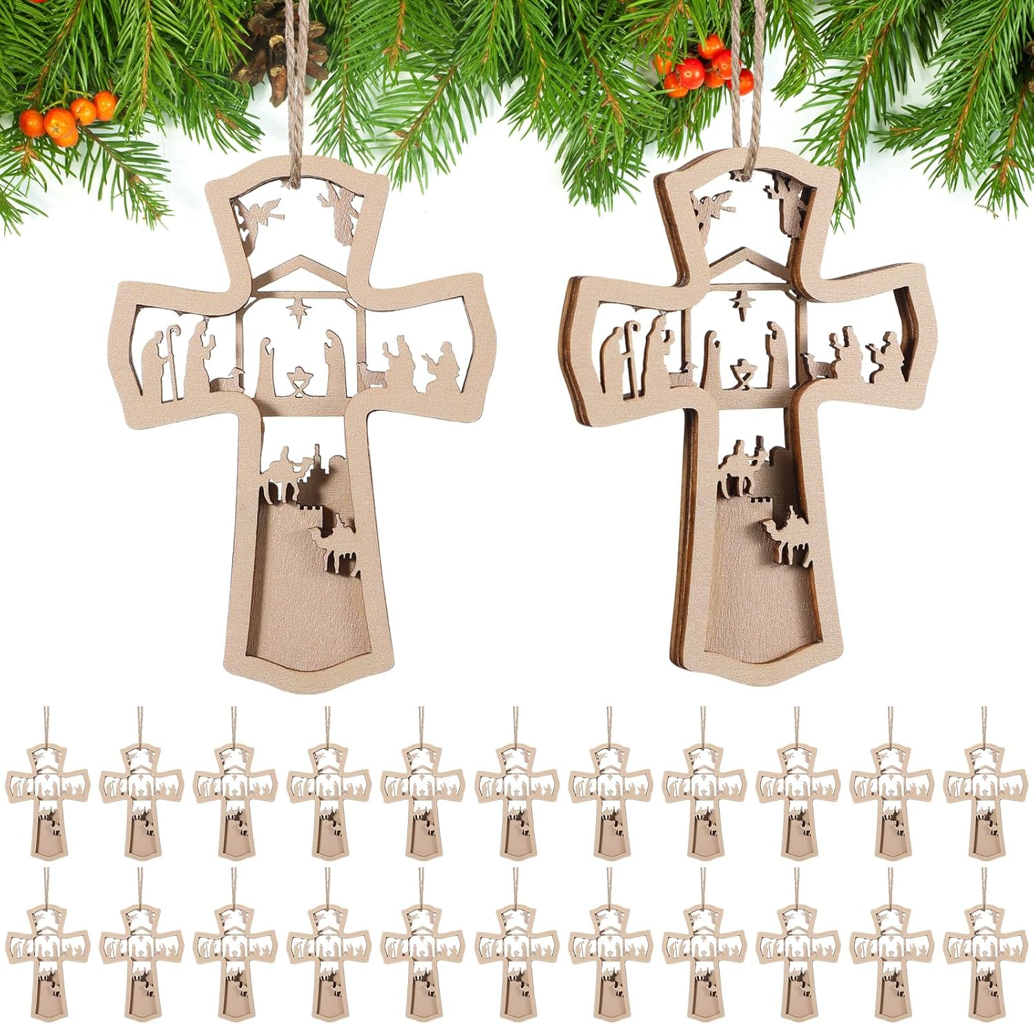 Blulu 24 Pieces Christmas Nativity Scene Ornaments Gift Set Bulk 3D Christian Wooden Hanging Ornament Xmas Tree Nativity Ornament The Birth of Jesus Story Religious Gift for Family (Cross)