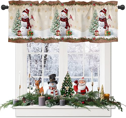 Cenefa de cortina de Navidad de 54 x 18 pulgadas, cenefas de muñeco de nieve para ventana, cortinas con bolsillo para barra, cortina corta de encaje