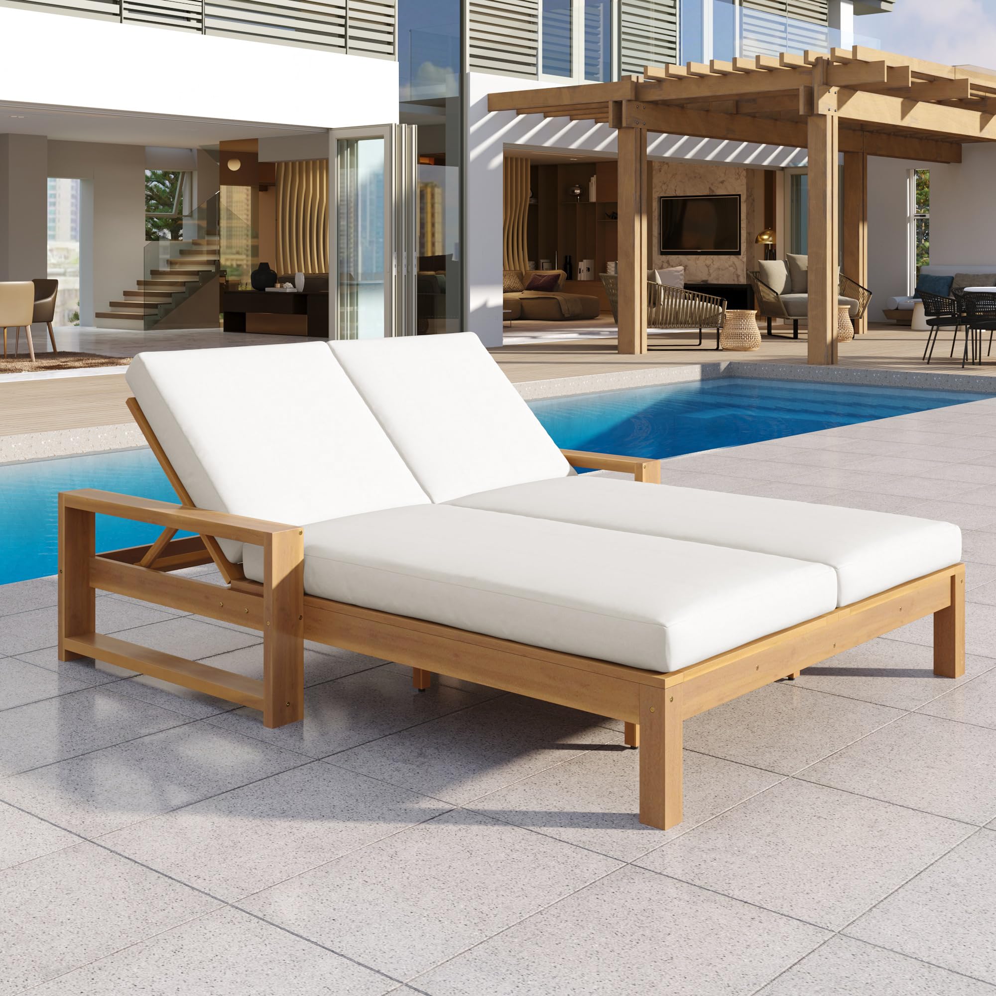 Acacia Wood Outdoor Double Chaise Lounge with 5-Position Adjustable Backrest and Armrest, All Weather Patio Recliner Chair Sunbed with Removable