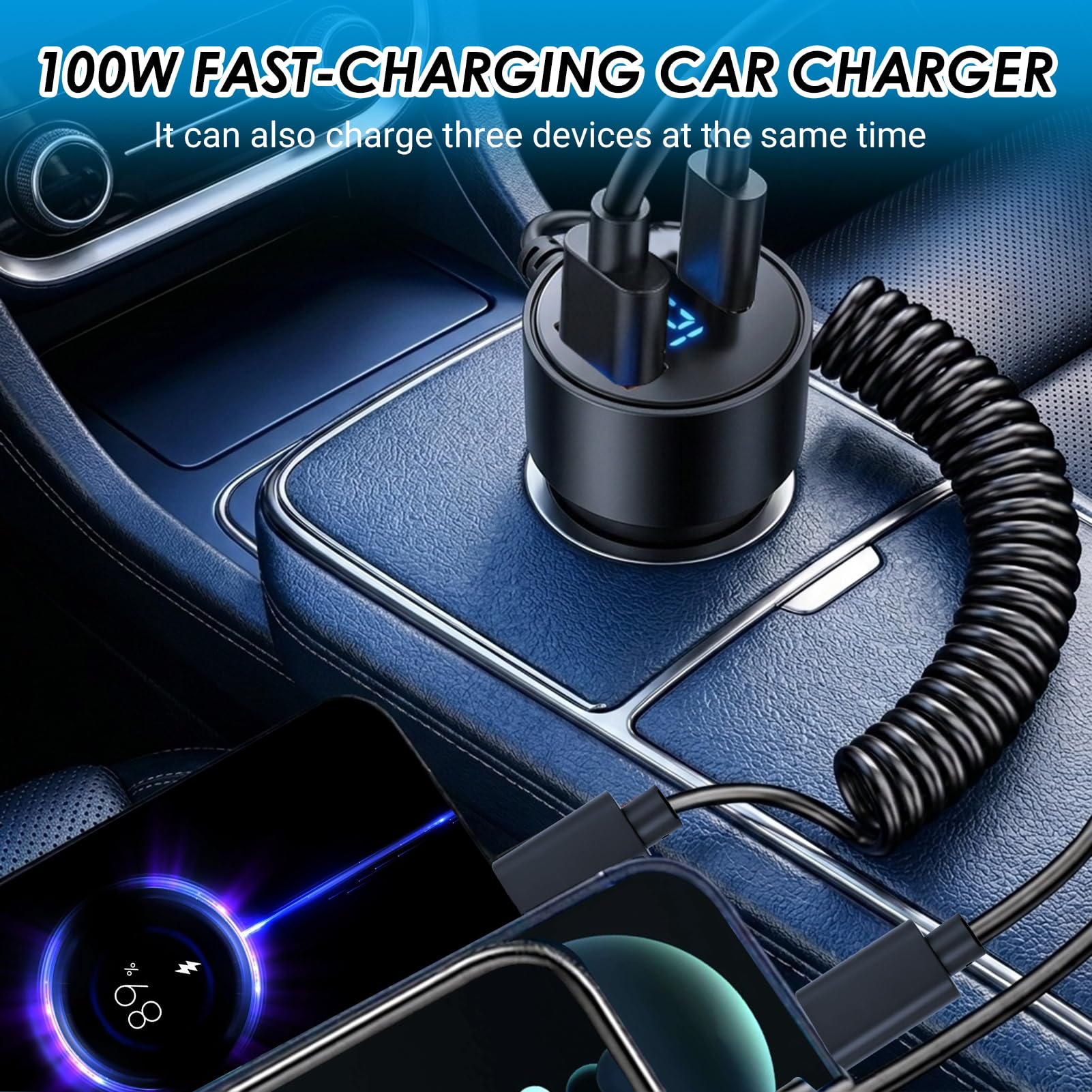 Caricatore per auto ricarica rapida 100 W con cavo USB C a spirale 1,5 m integrato, caricatore accendisigari auto con USB C PD e USB A QC3 0, caricatore auto USB C universale 12 V 24 V
