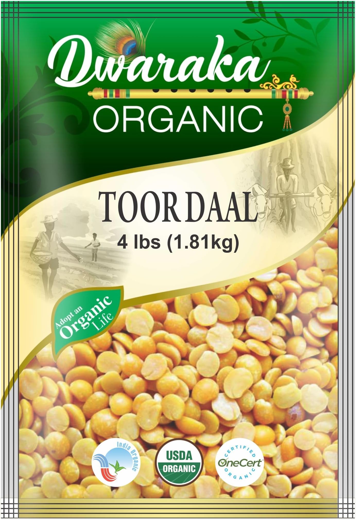 Dwaraka Organic Toor Dal Pigeon Pea Hulled Split Lentil USDA Organic (4 lbs / 1.81 kg)